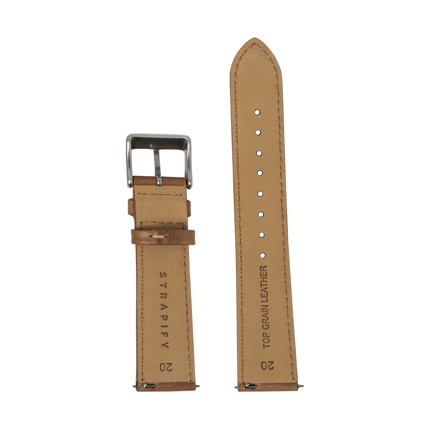 Brown leather watch band 22mm with beige stitching, quick-fit connector and stainless steel buckle