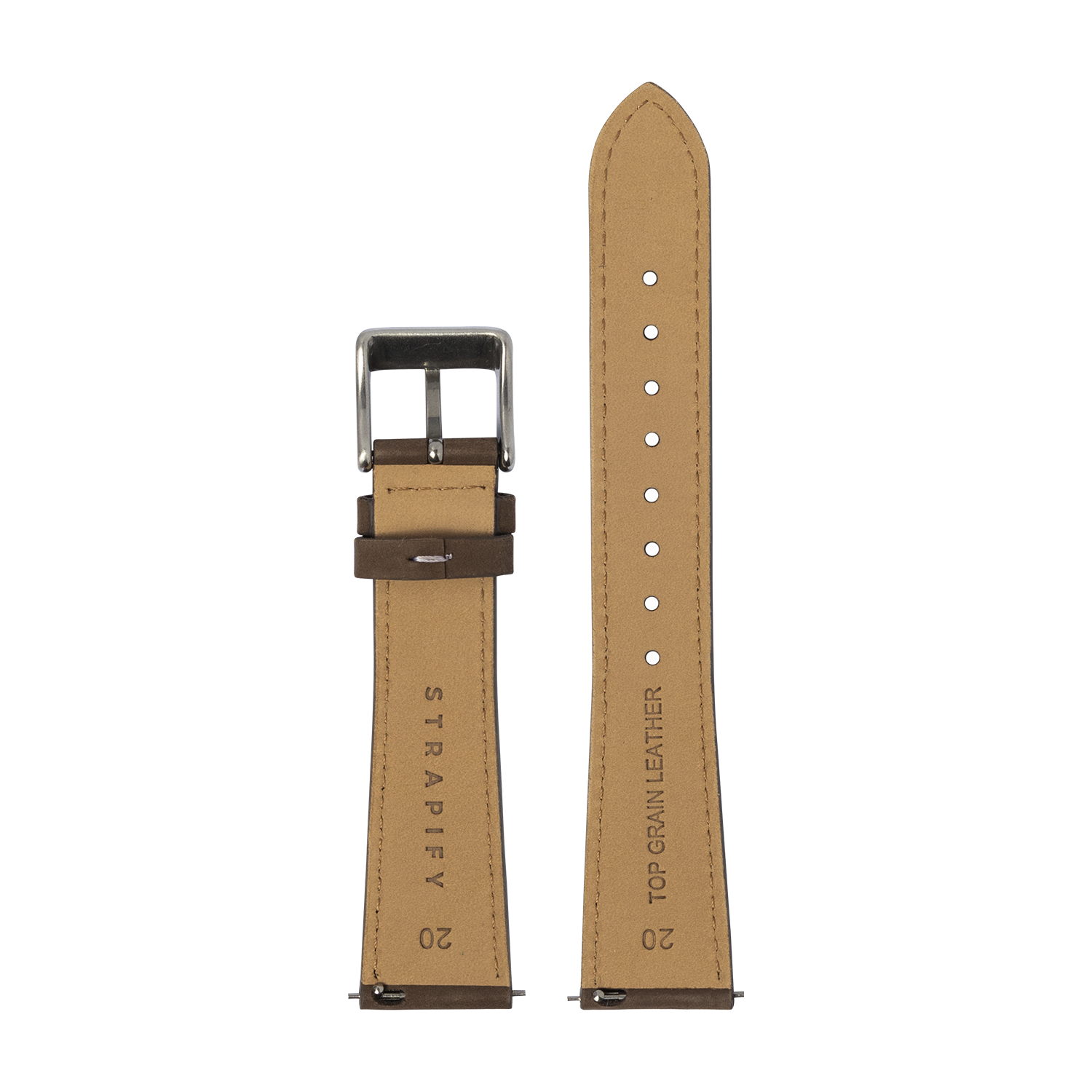 Tan nubuck leather quick release watch strap with white stitching, silver buckle, and brown keeper loop