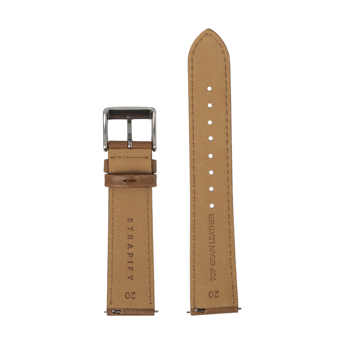 Tan leather watch band with stainless steel buckle and white stitching, compatible with Fitbit Versa and Sense smartwatches
