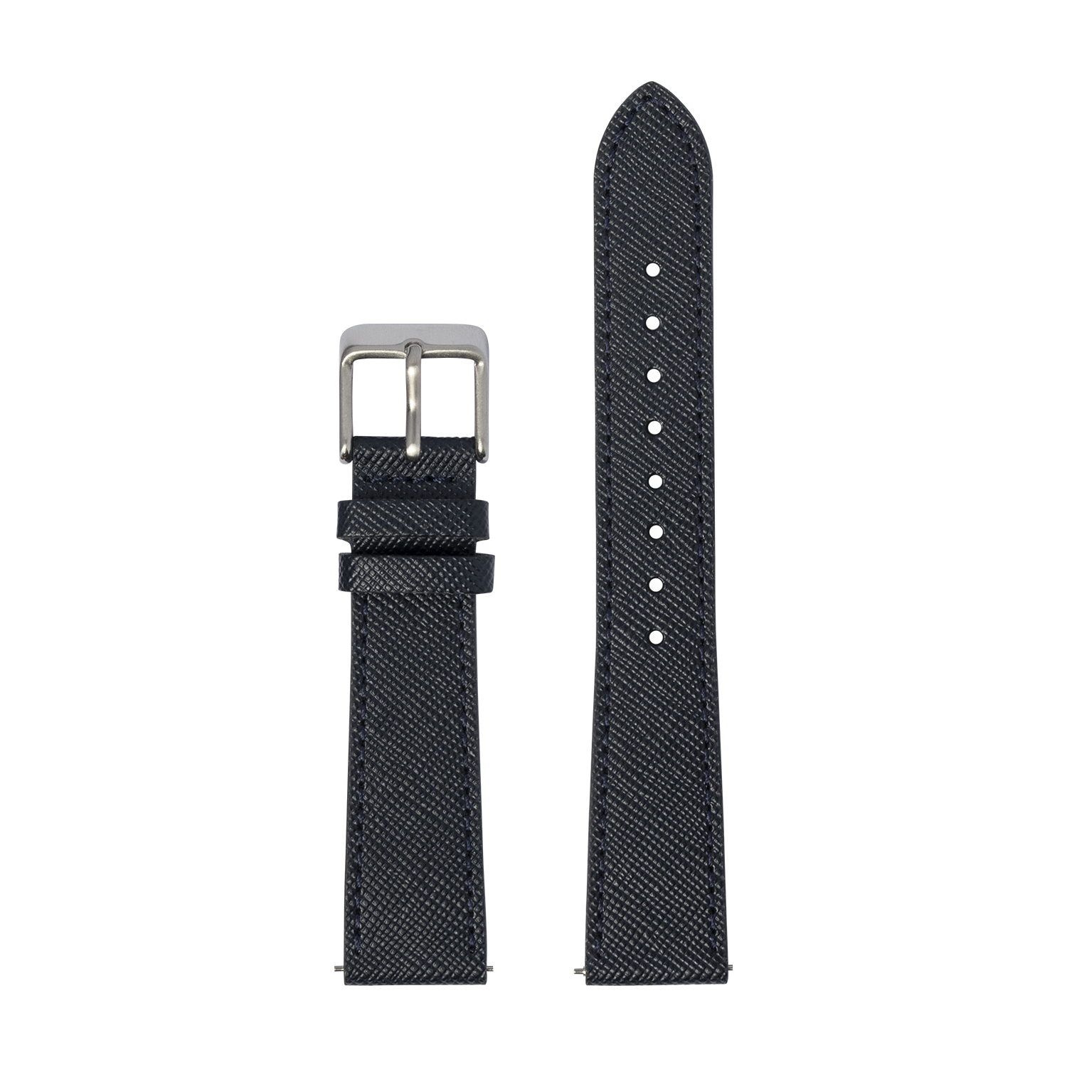 Black Saffiano leather quick release watch band with silver buckle and white stitching details