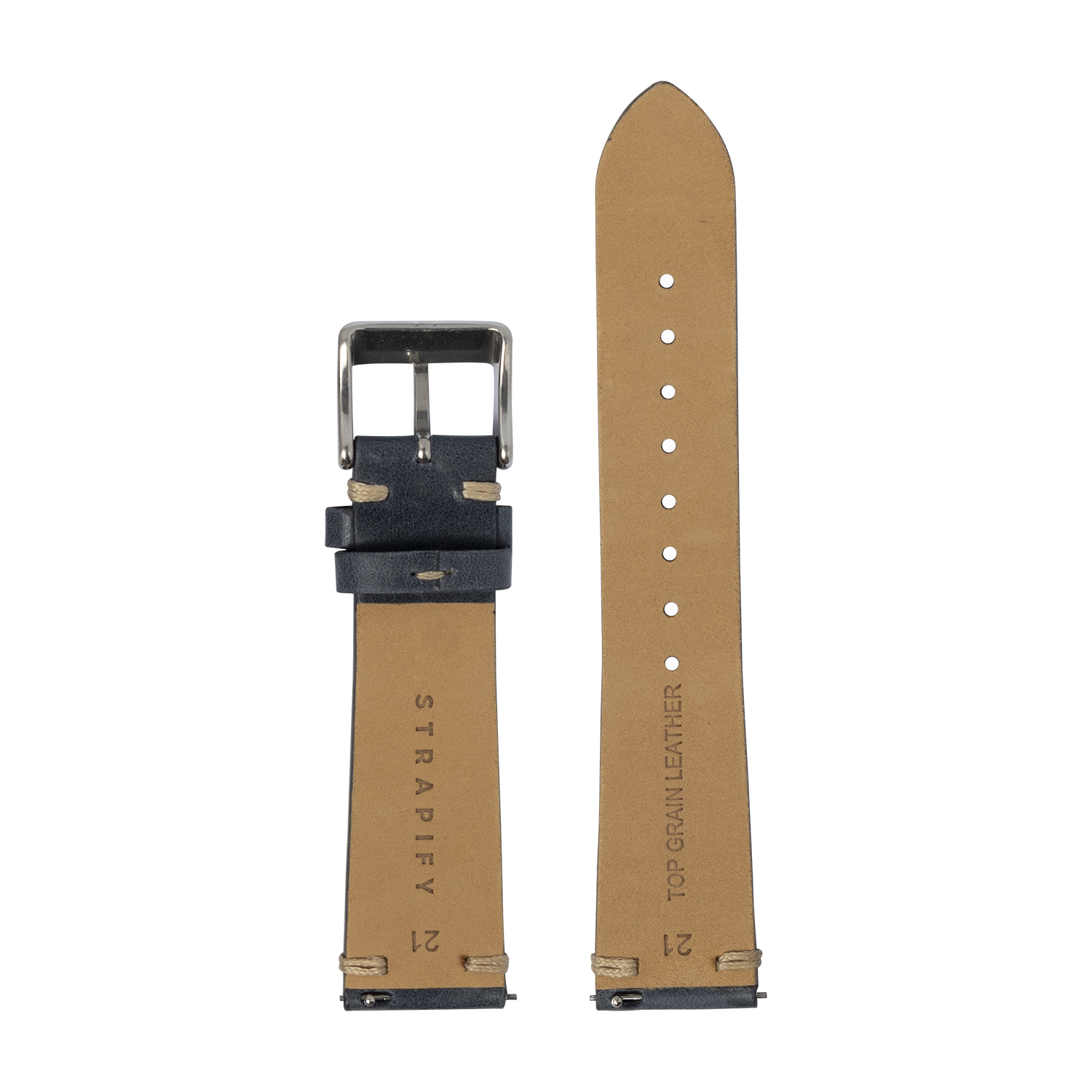 Vintage tan leather Apple Watch band with navy blue knotted strap and silver buckle, shown flat lay display