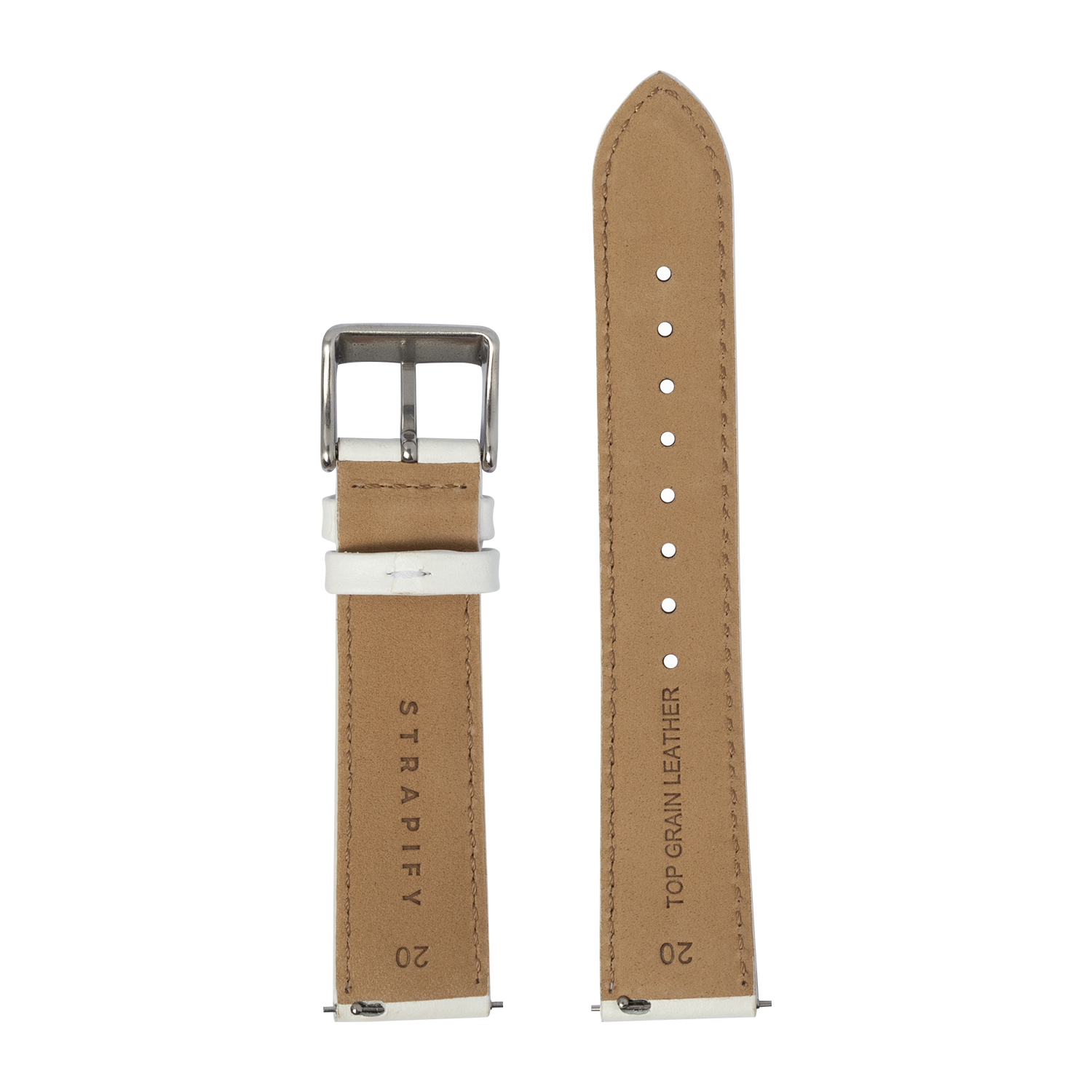Tan leather watch band with white padding, silver buckle, and stitched edges for 20mm quick-fit straps