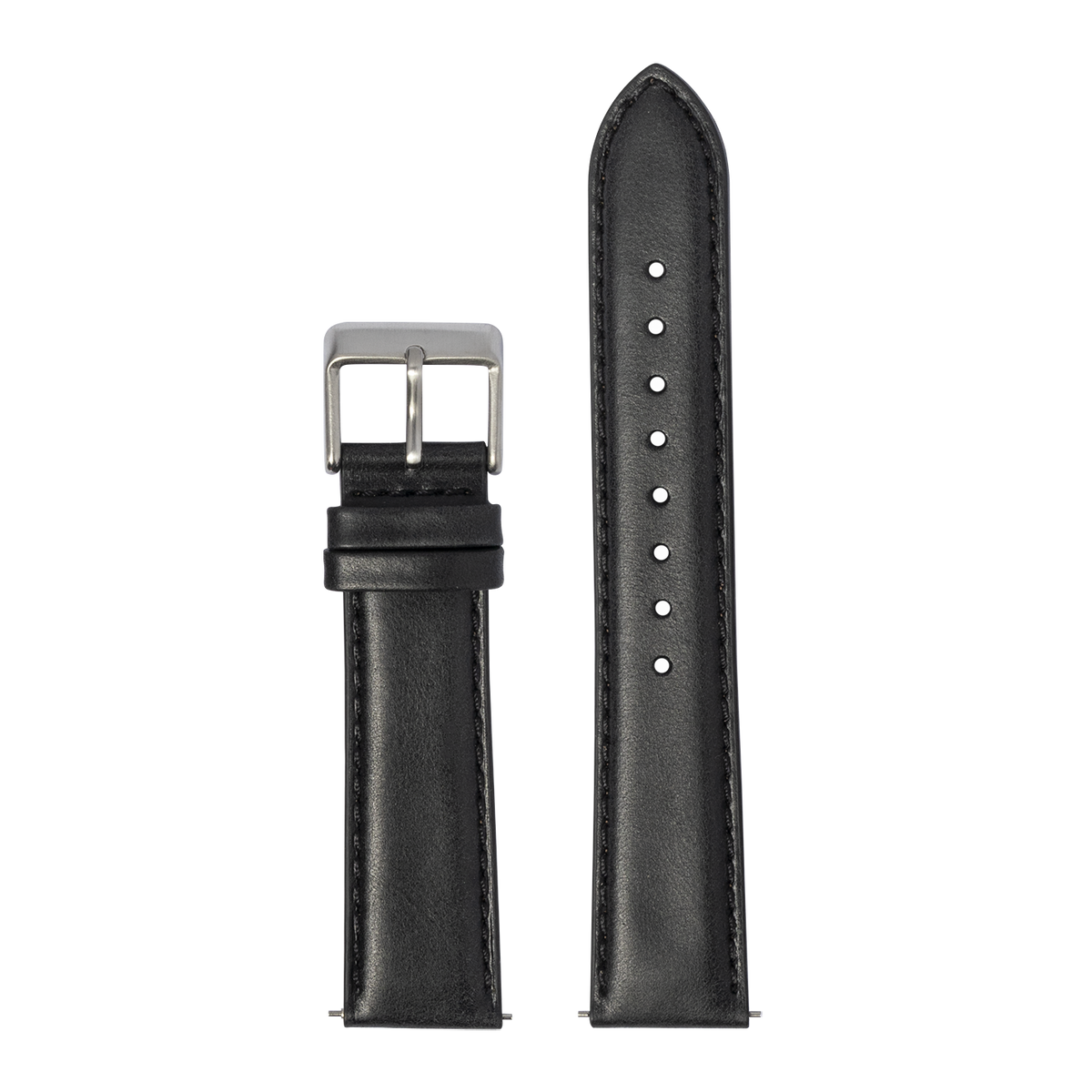 Black padded leather watch band with silver buckle and adjustment holes for Galaxy Watch 8 and Ultra