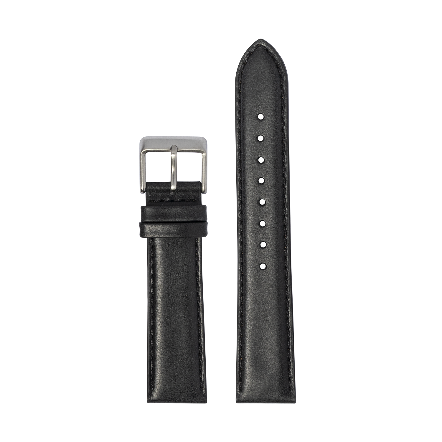 Black padded leather watch band 20mm with silver buckle and stitched edges