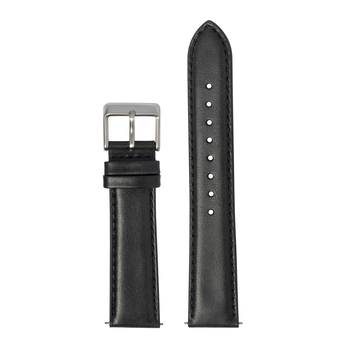 Black leather quick release watch strap with padding, silver buckle, and adjustment holes