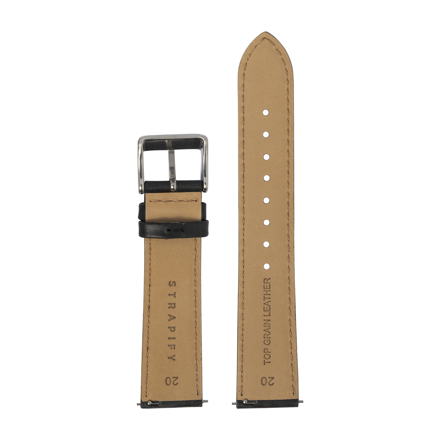 Tan top grain leather watch strap with black contrast layer, white stitching, metal buckle, 20mm QuickFit padded band