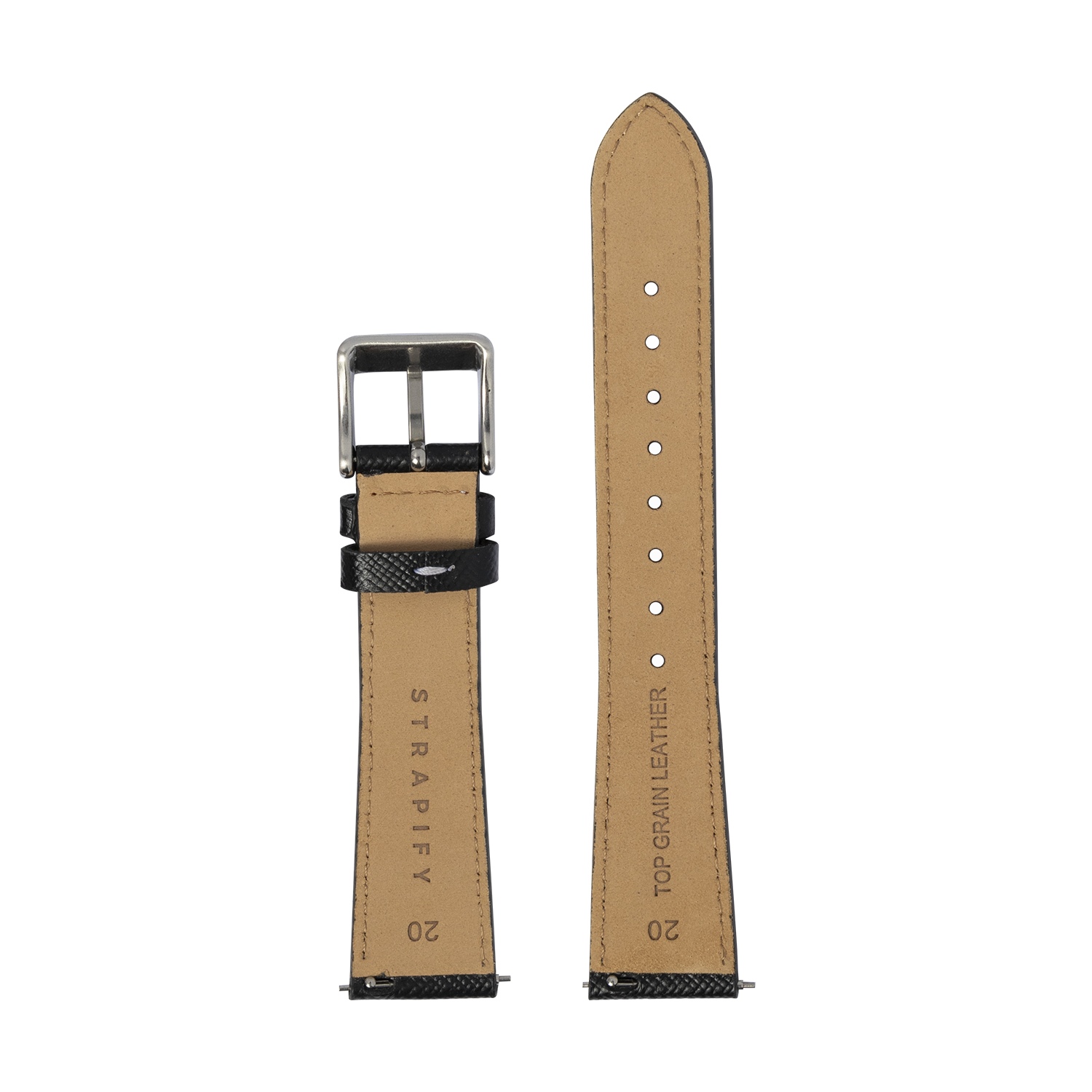 Quick release saffiano leather watch strap black with white stitching and metal buckle, 20mm width