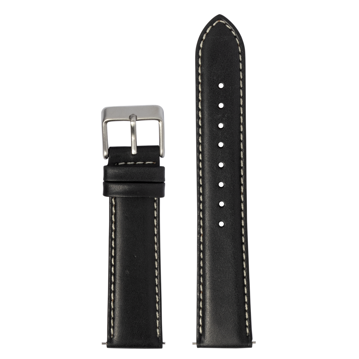 Black leather watch band with white contrast stitching and silver buckle for Fitbit Versa and Sense smartwatches
