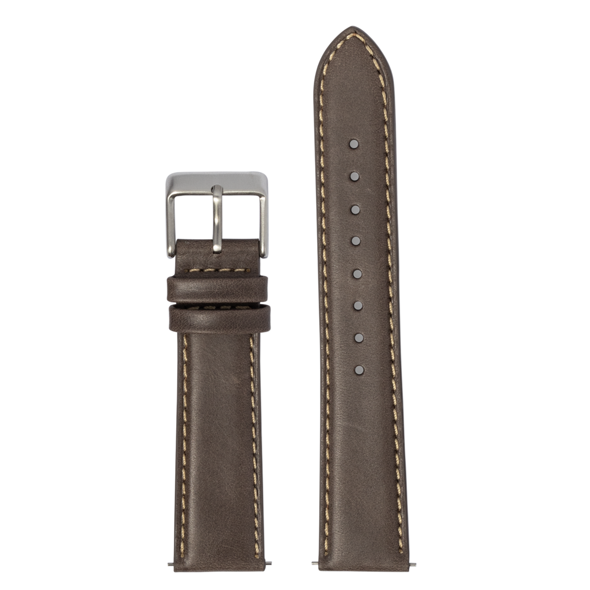 Dark brown leather watch band with beige stitching and silver buckle for Galaxy Watch 8 and Ultra