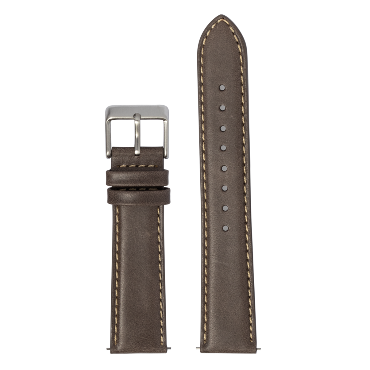 Dark brown padded leather watch band with silver buckle and beige stitching, compatible with Fitbit Versa and Sense smartwatches