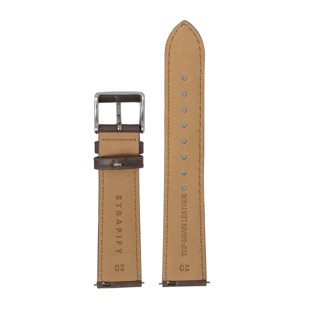 Tan leather watch band with dark brown stitching and buckle, displayed flat showing both sides with adjustment holes