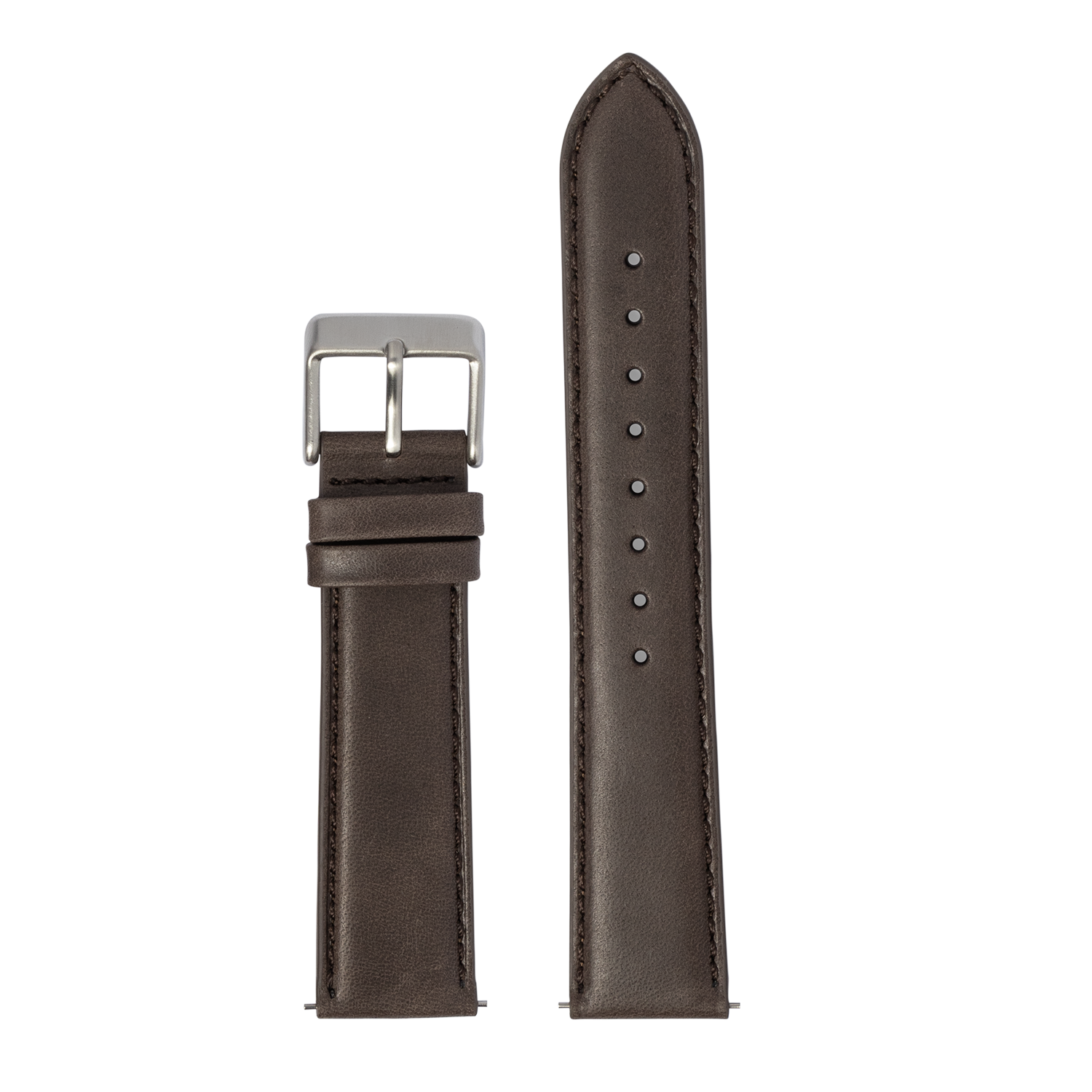 Dark brown leather watch band 20mm with quick-fit system, silver buckle, padded design and contrast stitching