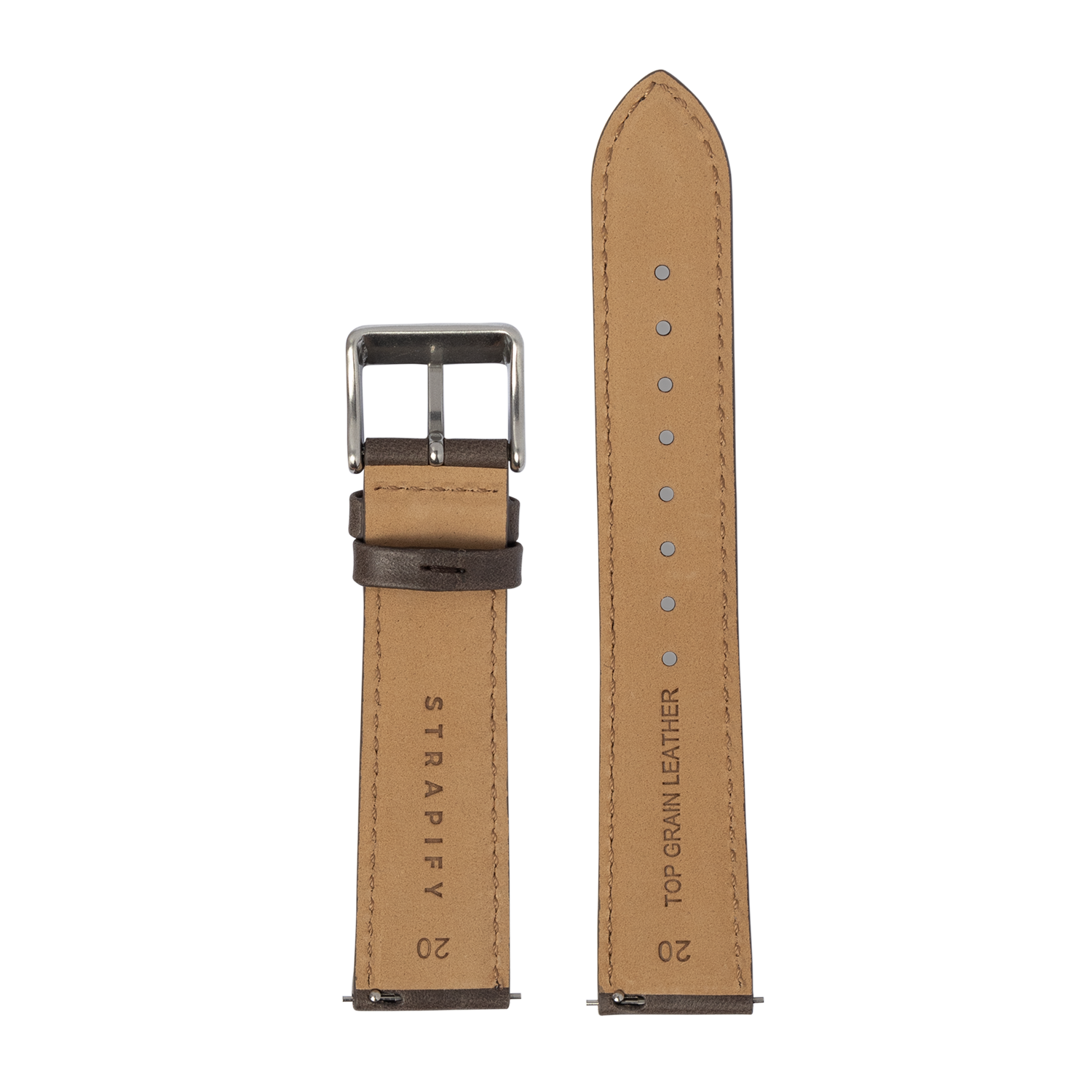 Tan leather watch strap with dark brown padding, silver buckle, top grain leather construction, 20mm width