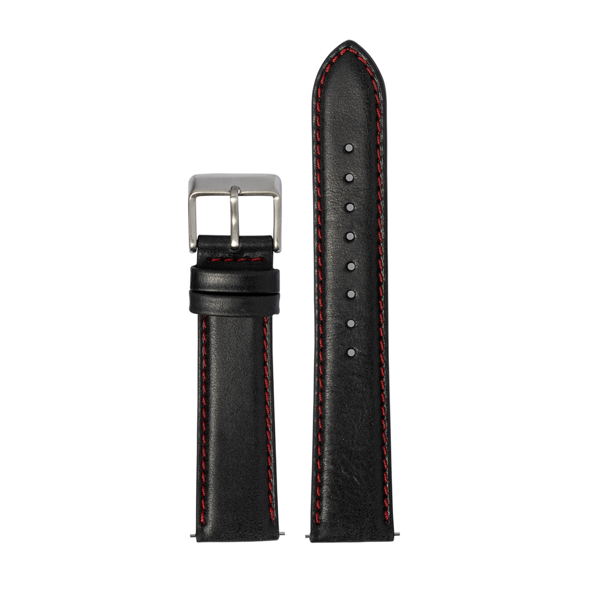 Black leather watch strap with red stitching, silver buckle, and padded design for Galaxy Watch 8 and Ultra