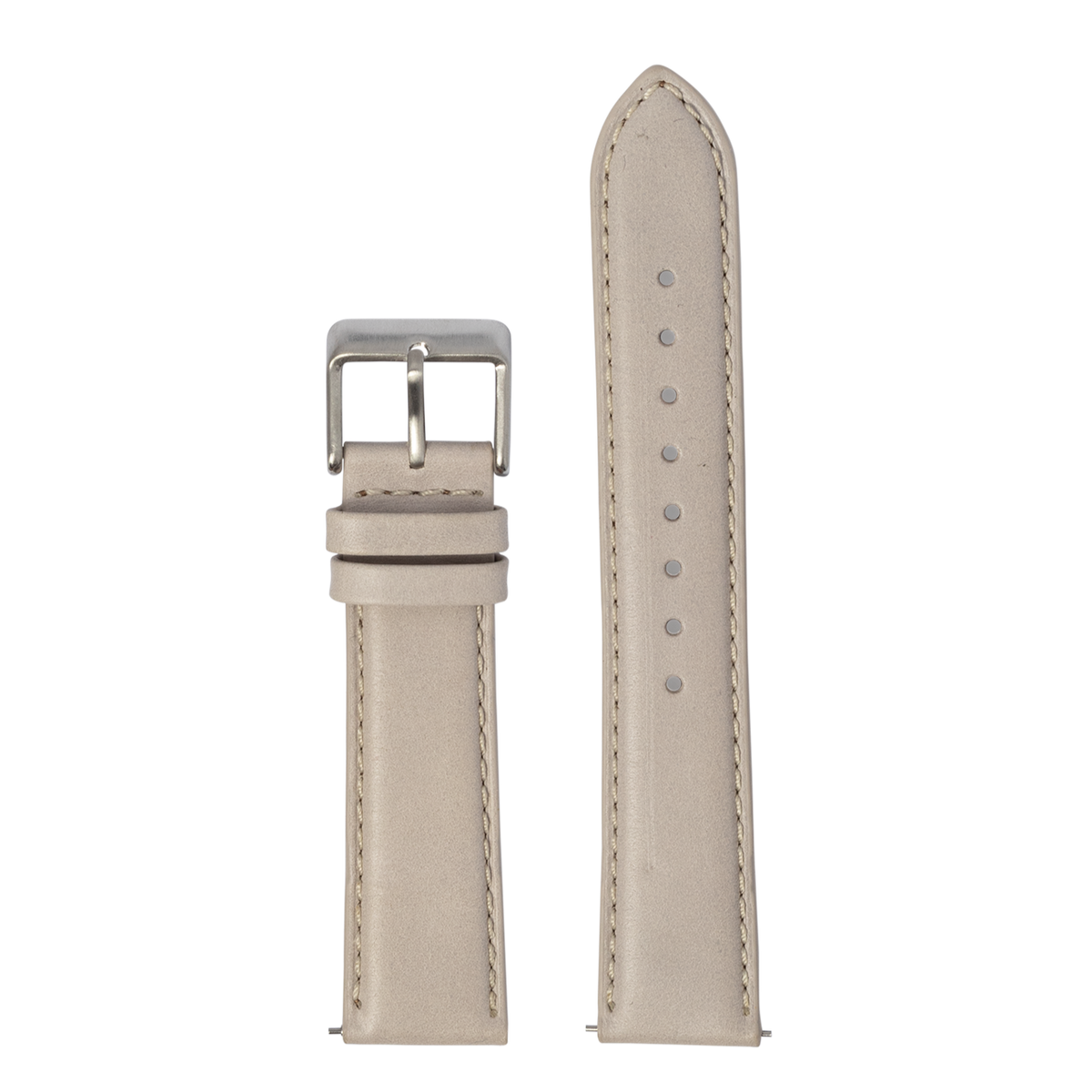 Beige leather watch band with silver buckle, padded design, stitched edges and adjustment holes for Galaxy Watch