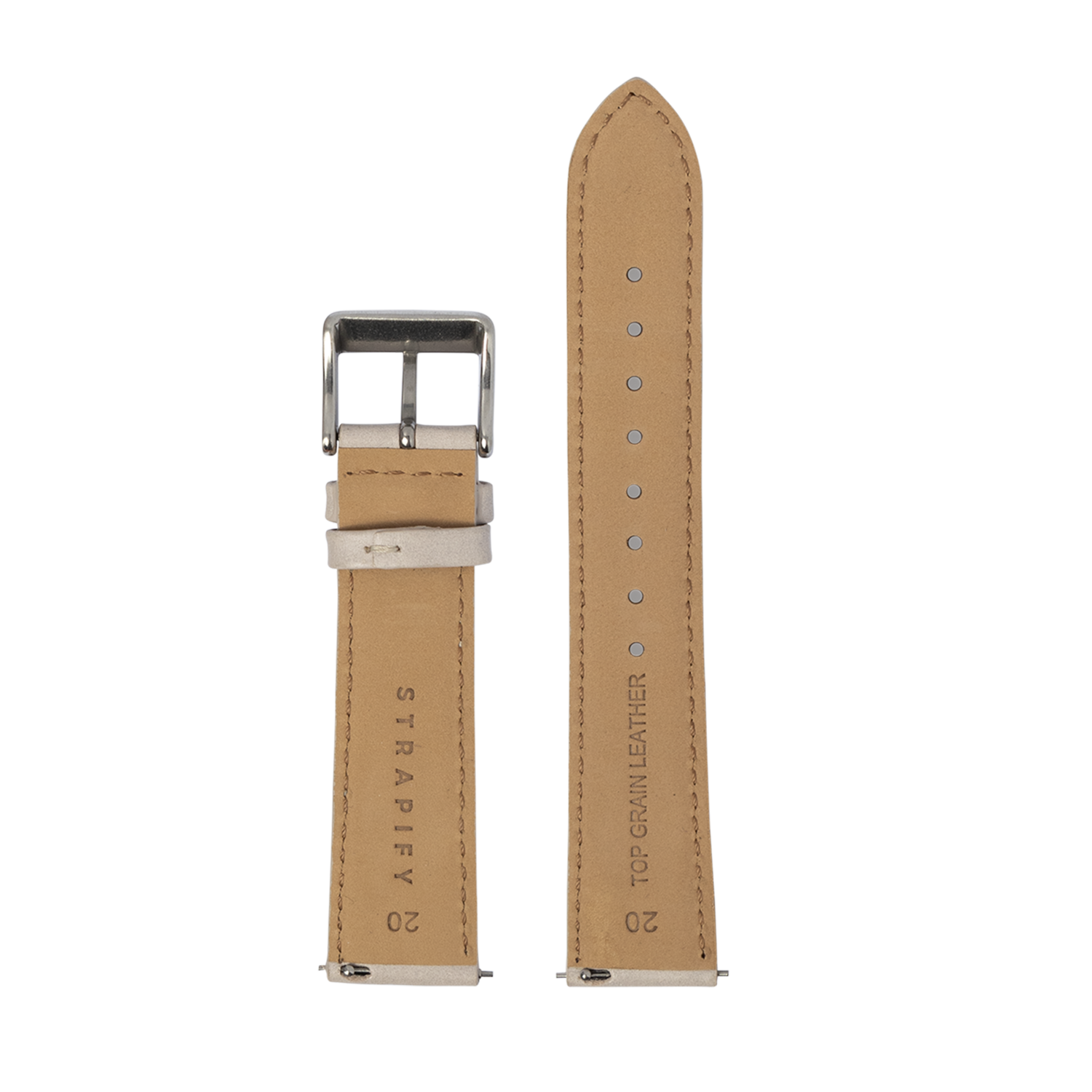 Tan leather watch band 20mm with quick-fit system, silver buckle, and contrast stitching detail