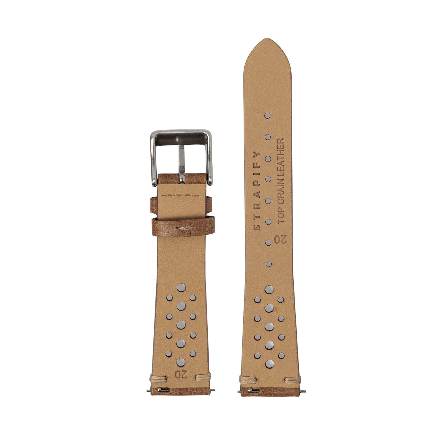 Tan top grain leather Apple Watch band with studded details and stainless steel buckle, shown assembled and unassembled