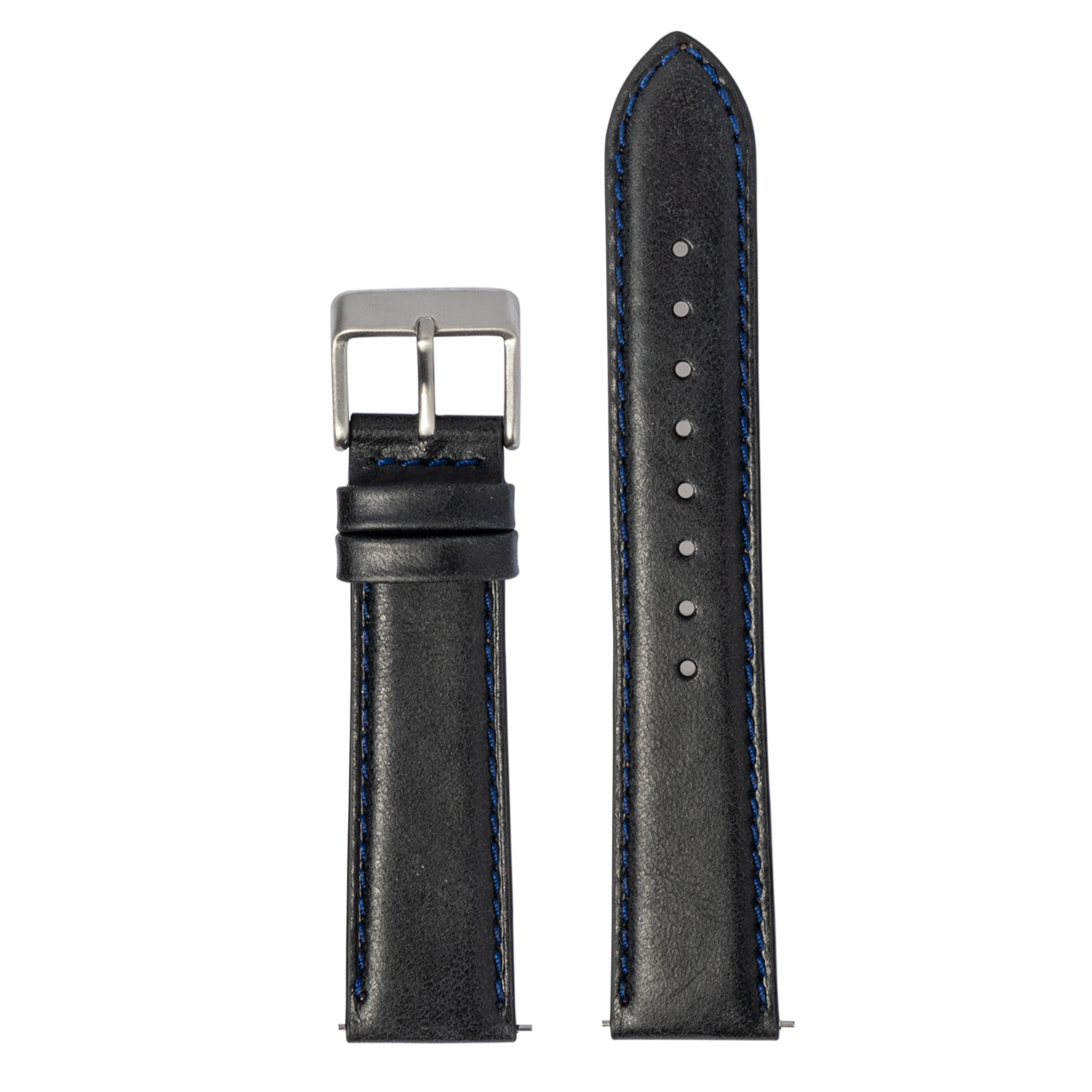 Black leather watch strap with blue stitching and stainless steel buckle for Fitbit Versa and Sense smartwatches