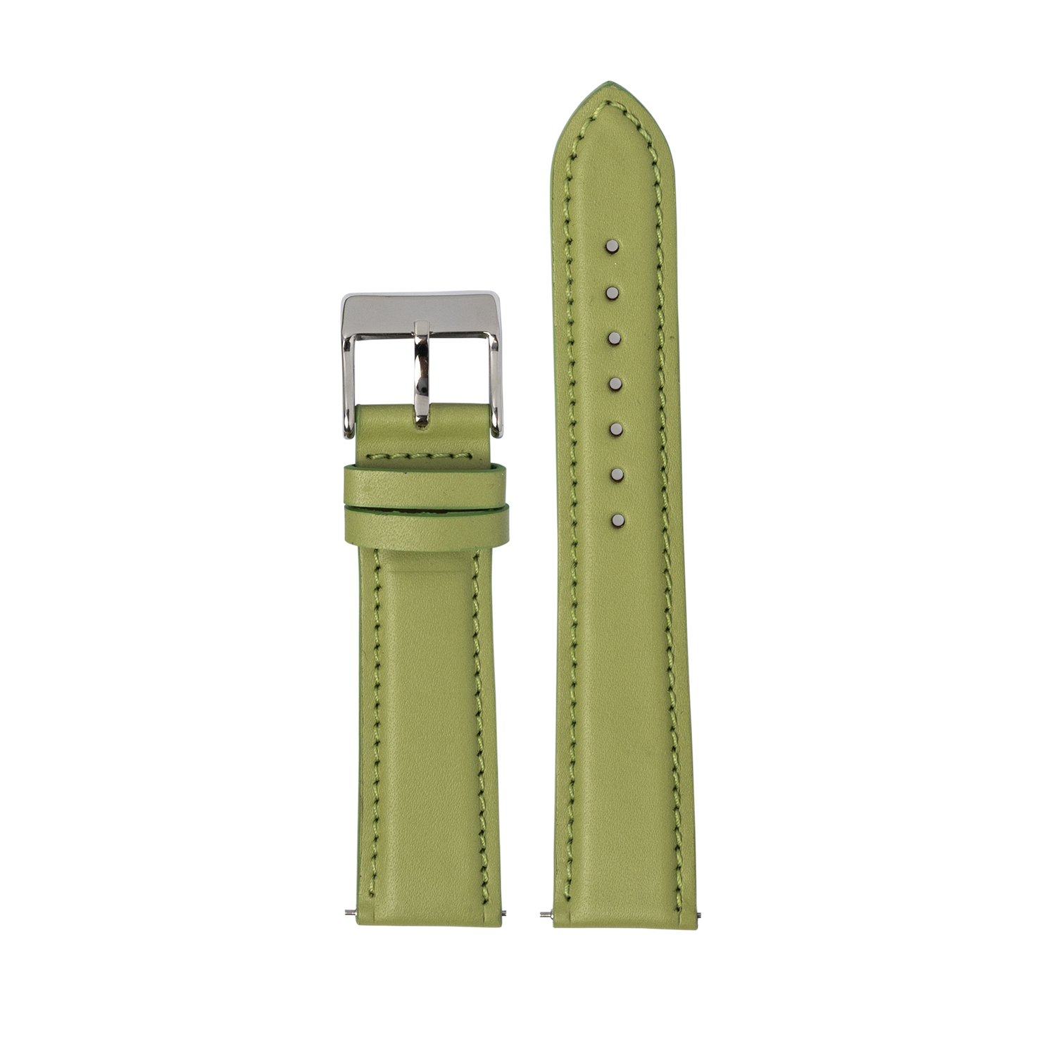 Pistachio green padded leather watch strap 20mm with silver buckle and stitched edges
