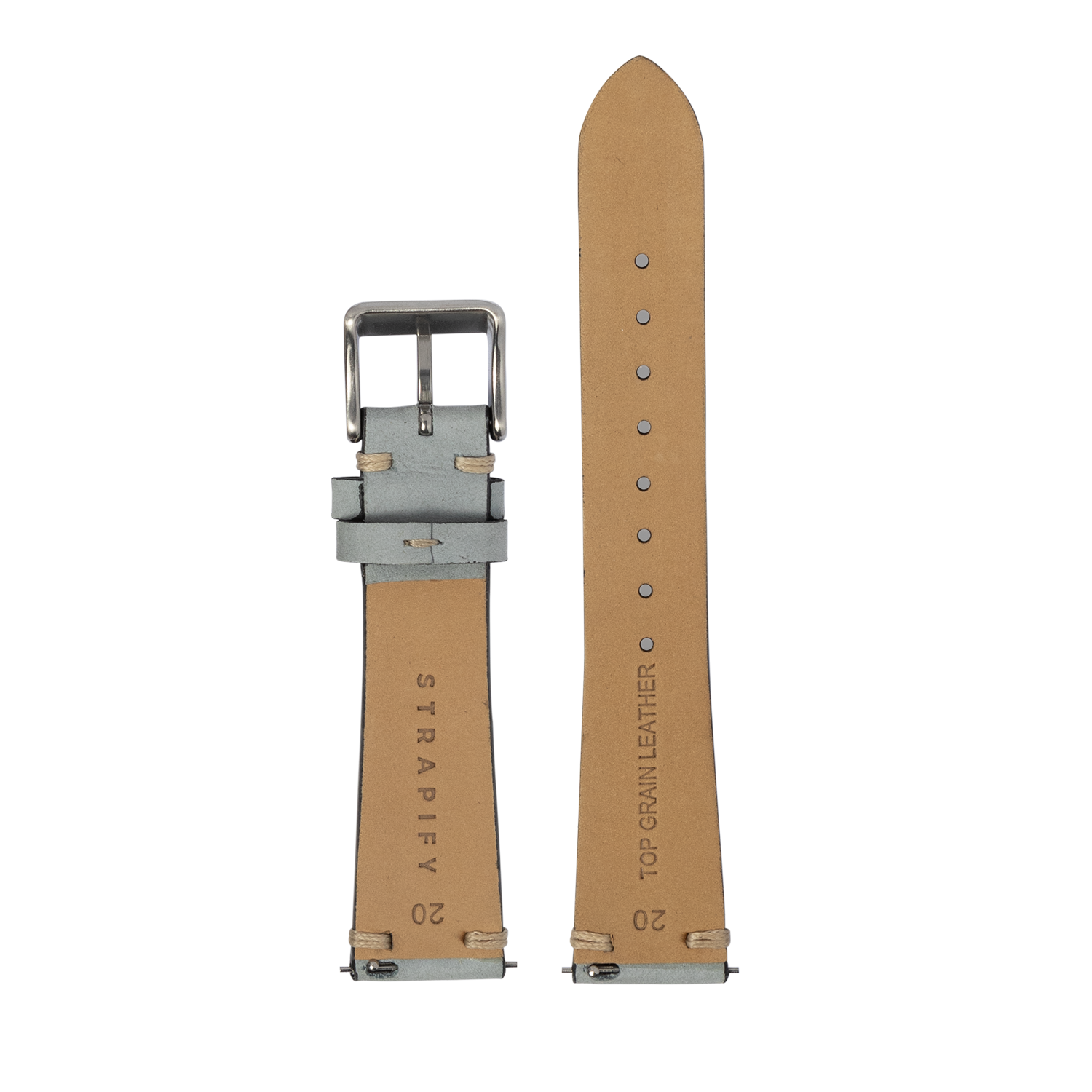 Tan nubuck leather watch strap with sky blue quick release buckle, vintage style knotted design, 20mm width