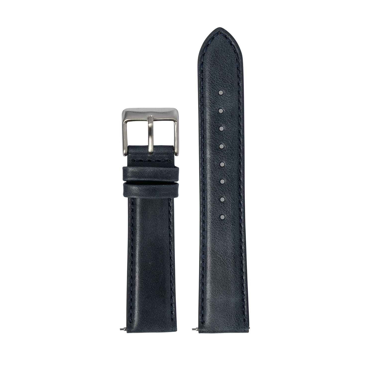 Navy blue padded leather watch band with silver buckle, displayed extended and coiled view