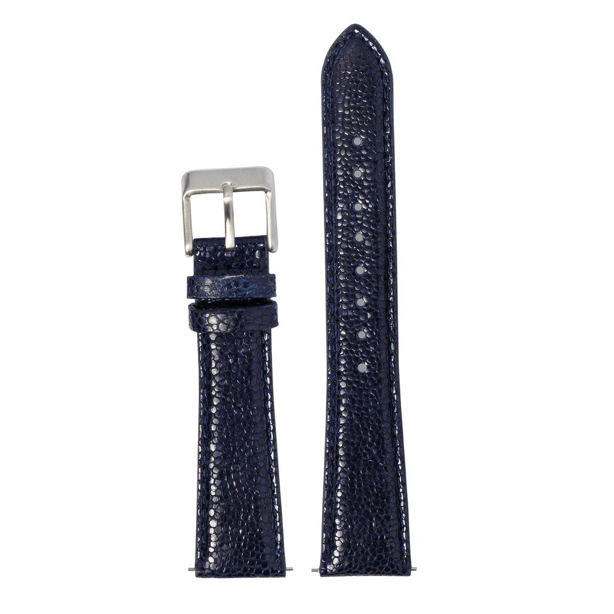 Navy blue faux stingray watch band with textured surface and stainless steel buckle