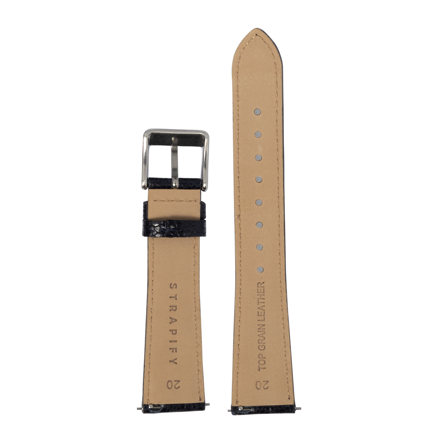 Tan leather quick release watch strap with navy blue faux stingray trim and silver buckle, 20mm width