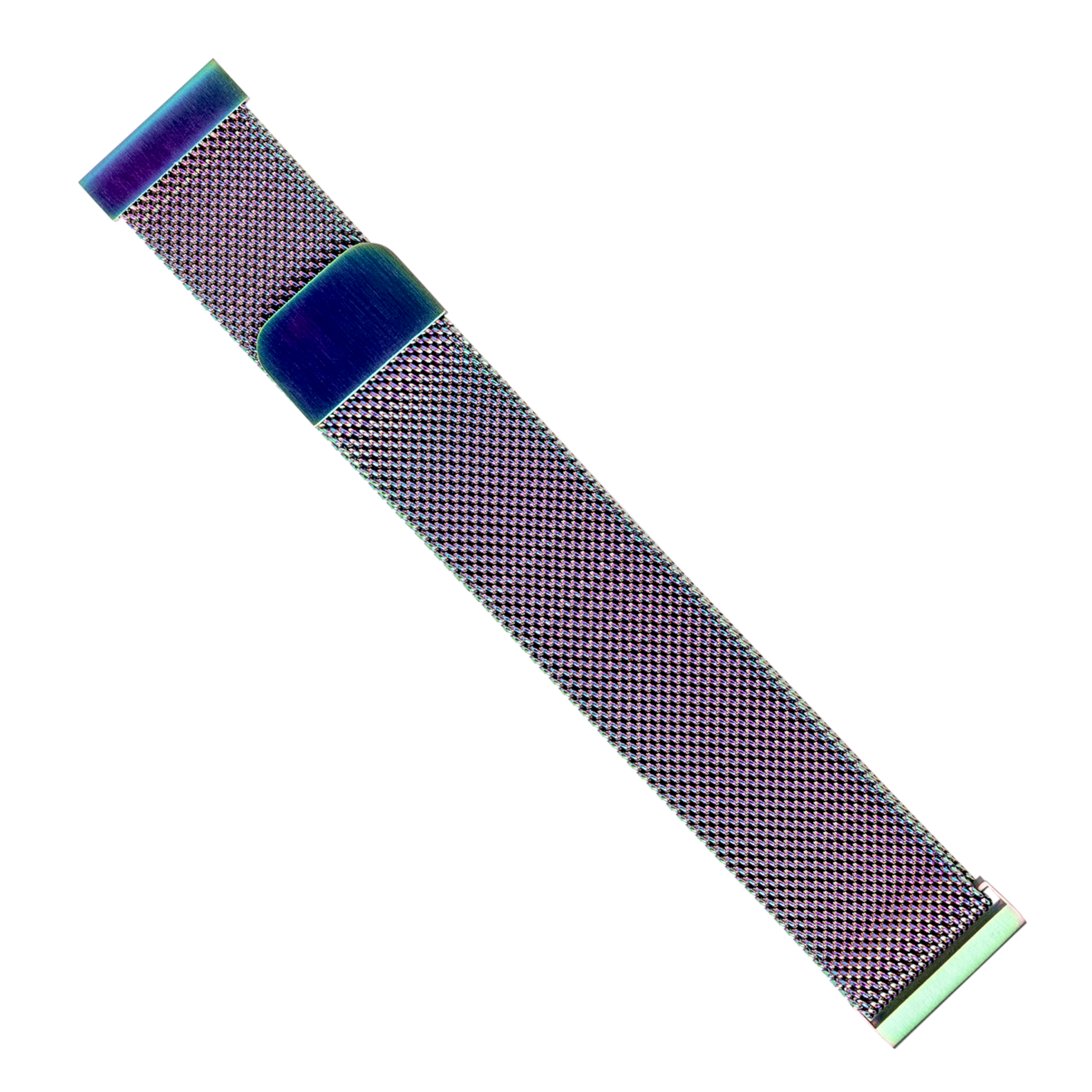 Quick Release Milanese mesh watch band in iridescent chameleon blue and purple with adjustable buckle closure