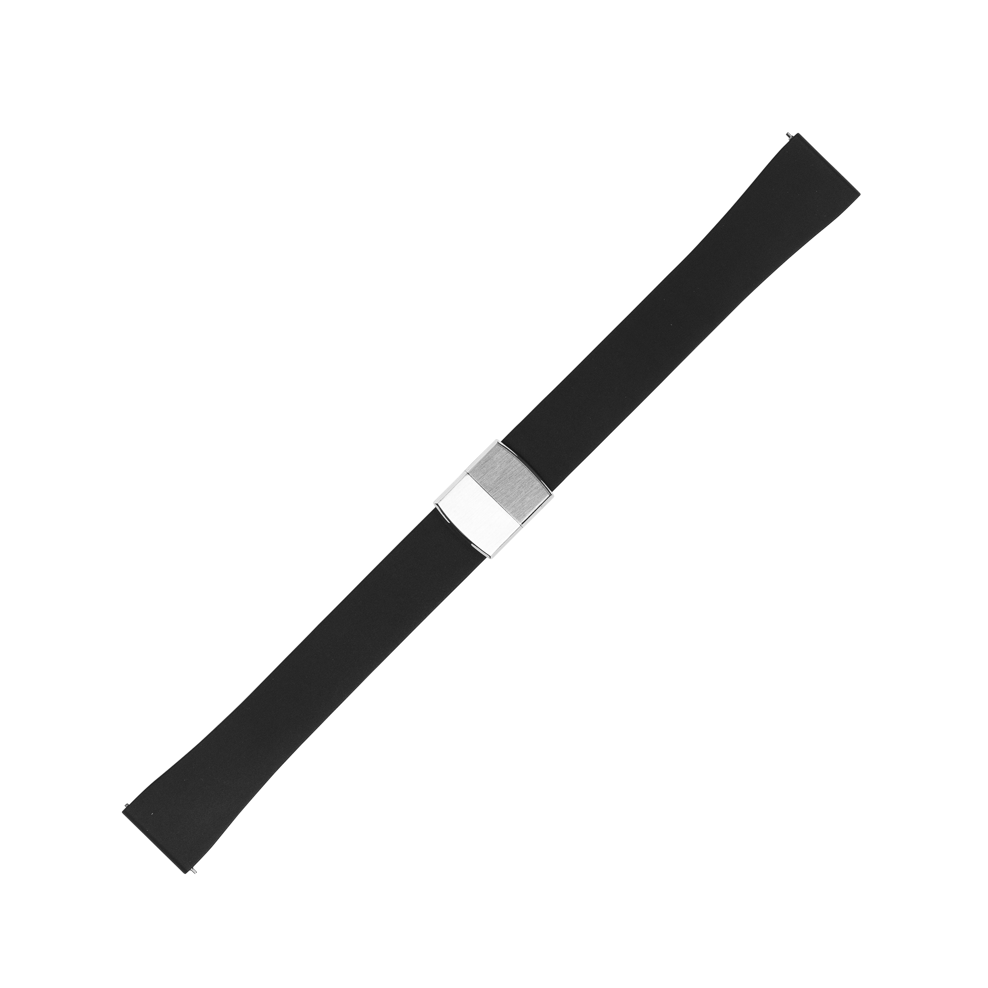 Black rubber watch strap with stainless steel quick release clasp and leaf spring deployant buckle