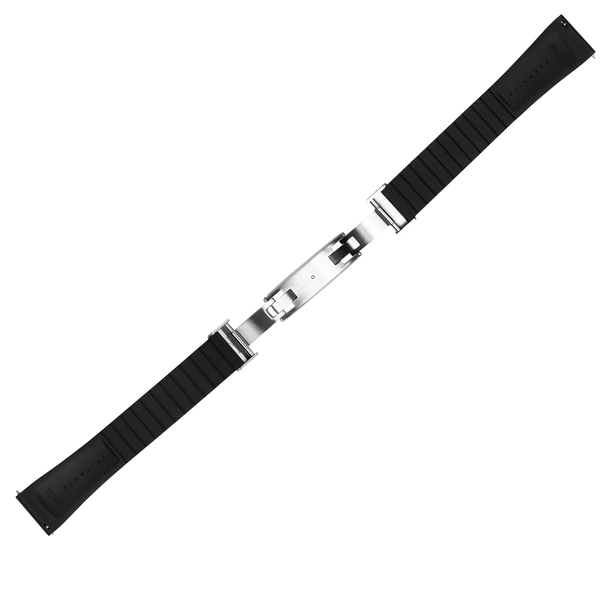 Black FKM rubber watch strap with stainless steel leaf-spring deployant clasp and quick-release feature, cut-to-size design