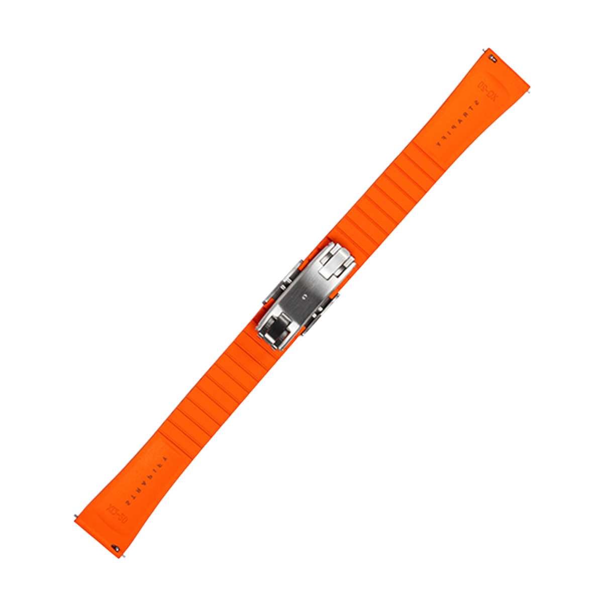 Orange FKM rubber watch band with stainless steel leaf-spring deployant clasp, sized for Galaxy Watch compatibility