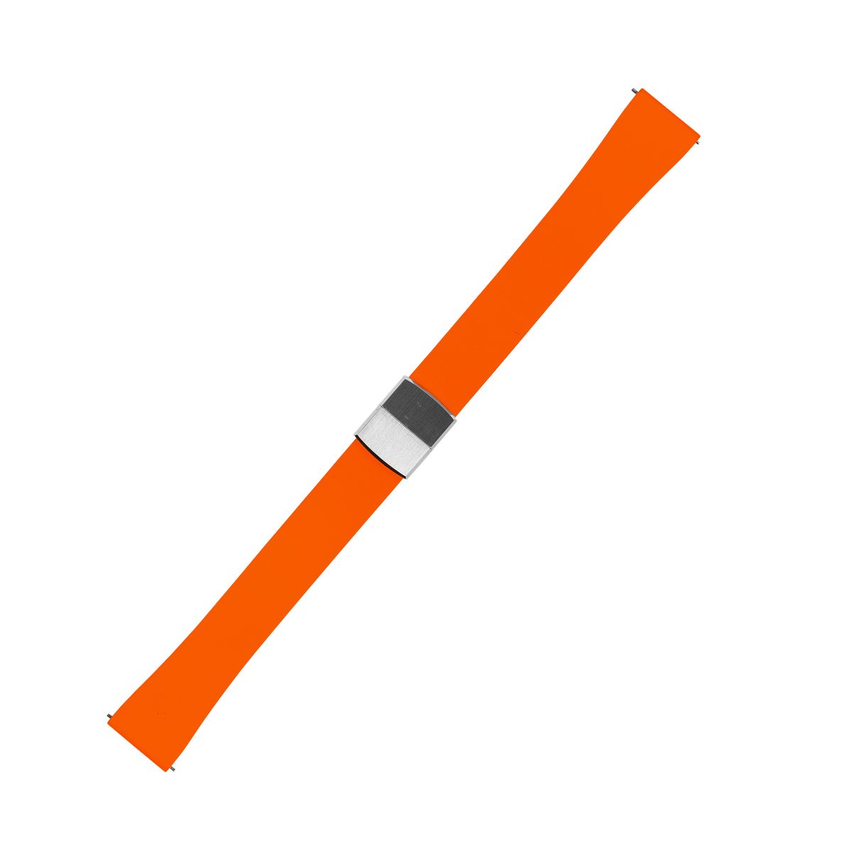 Orange FKM rubber watch strap with silver and black leaf-spring deployant clasp, cut to size