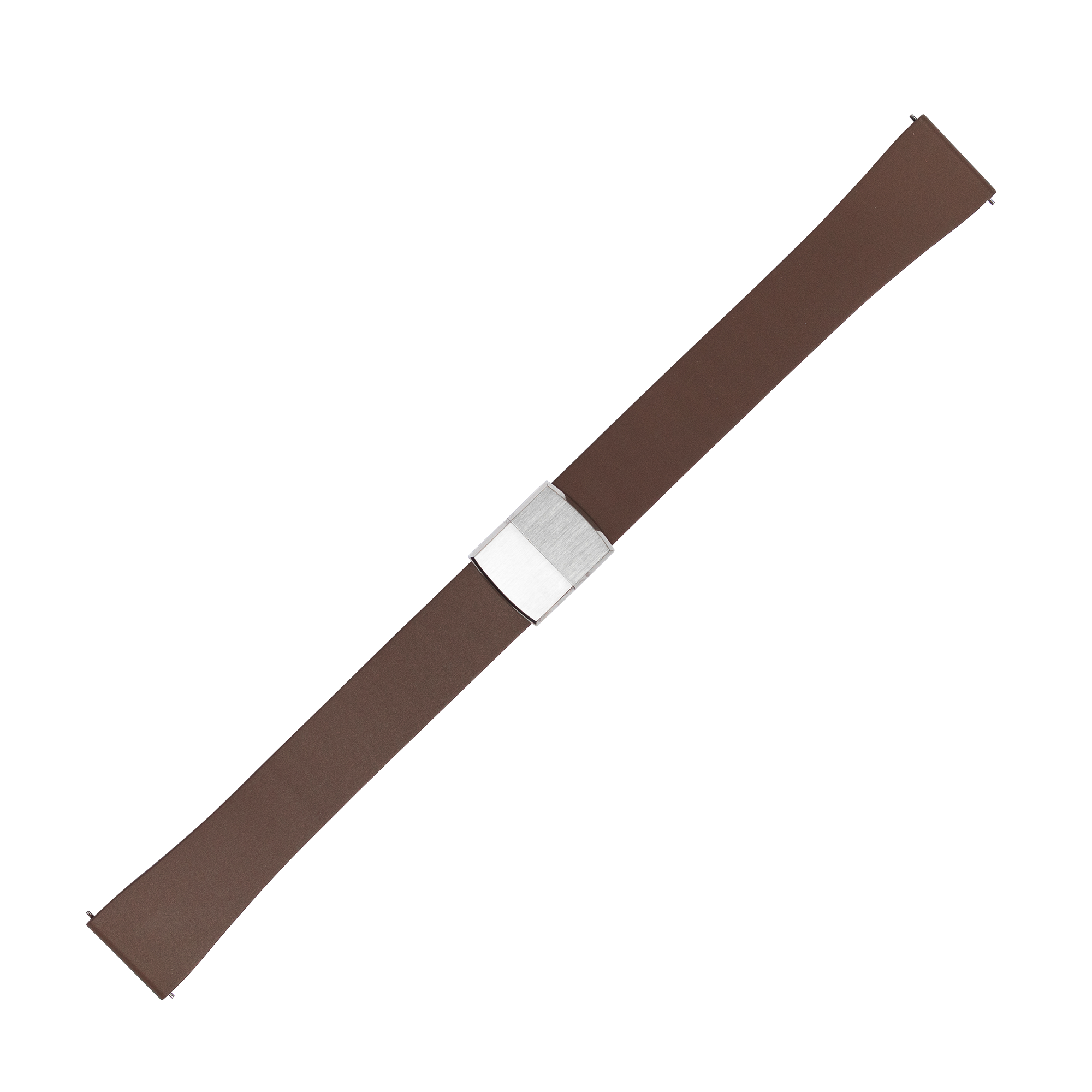 Brown FKM rubber watch strap with silver leaf-spring deployant clasp and quick-release mechanism
