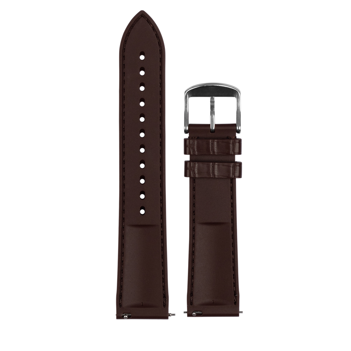 Dark brown leather watch band with alligator texture, silver buckle, and adjustable holes for Galaxy Watch 8 and Ultra