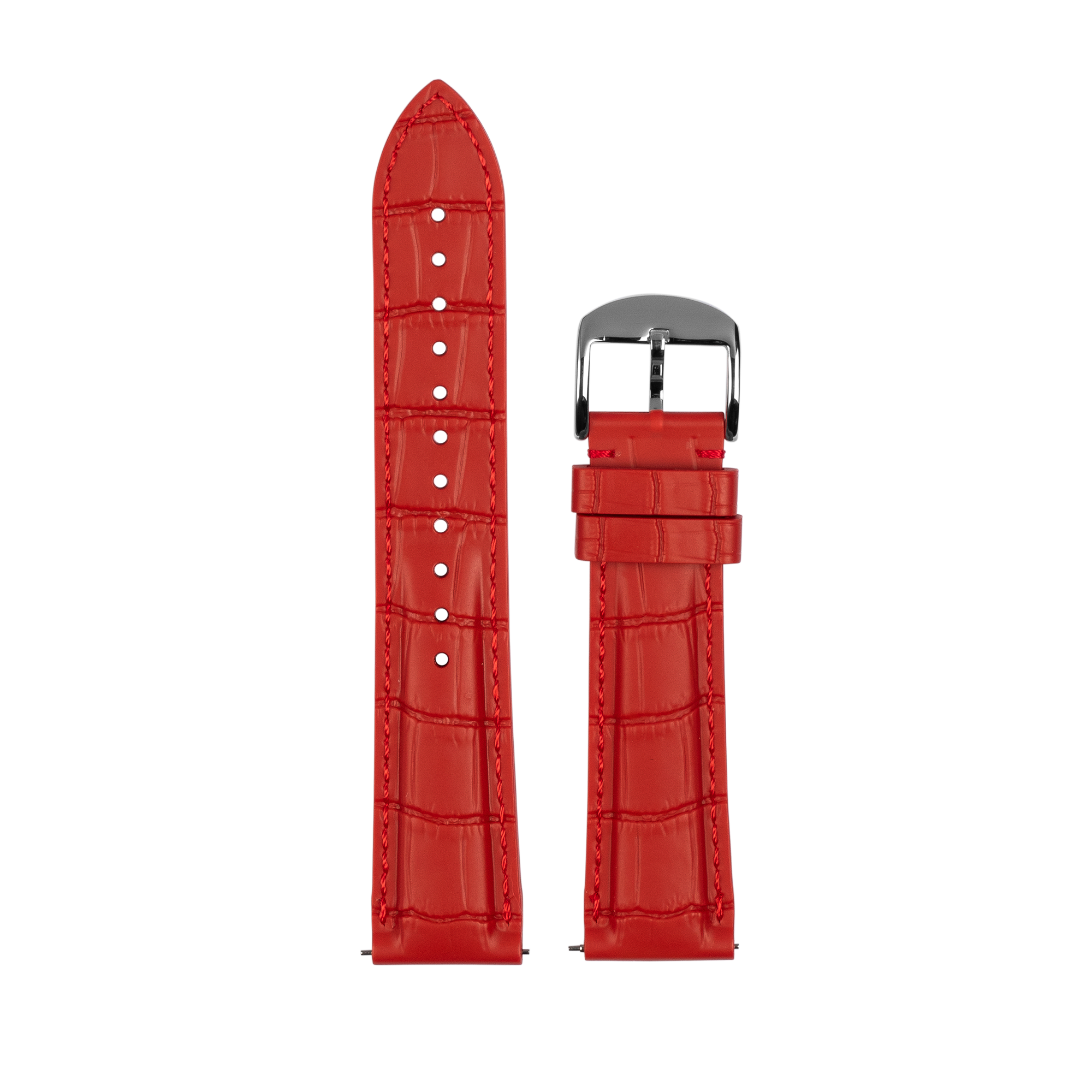 Red crocodile embossed leather watch band with quick release spring bar and polished silver buckle
