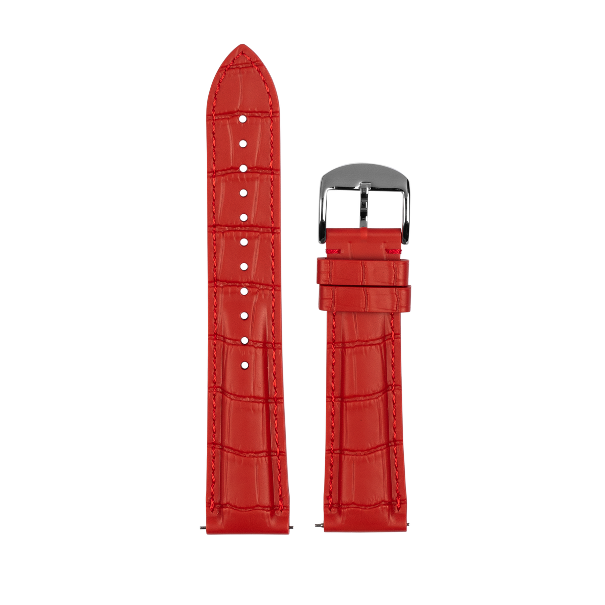 Red alligator-textured leather watch band with white stitching and chrome buckle for Galaxy Watch compatibility
