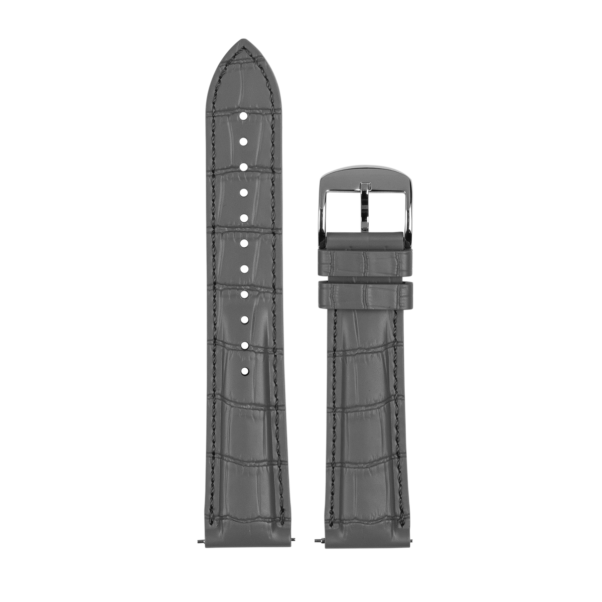 Gray alligator-embossed leather watch band with steel buckle and white stitching for Galaxy Watch