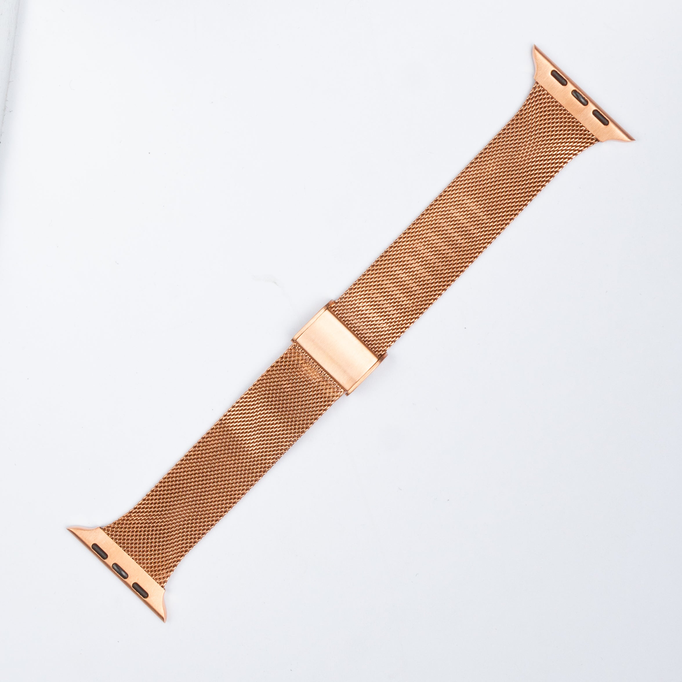 Rose gold Milanese mesh smartwatch band with magnetic clasp and connector adapters
