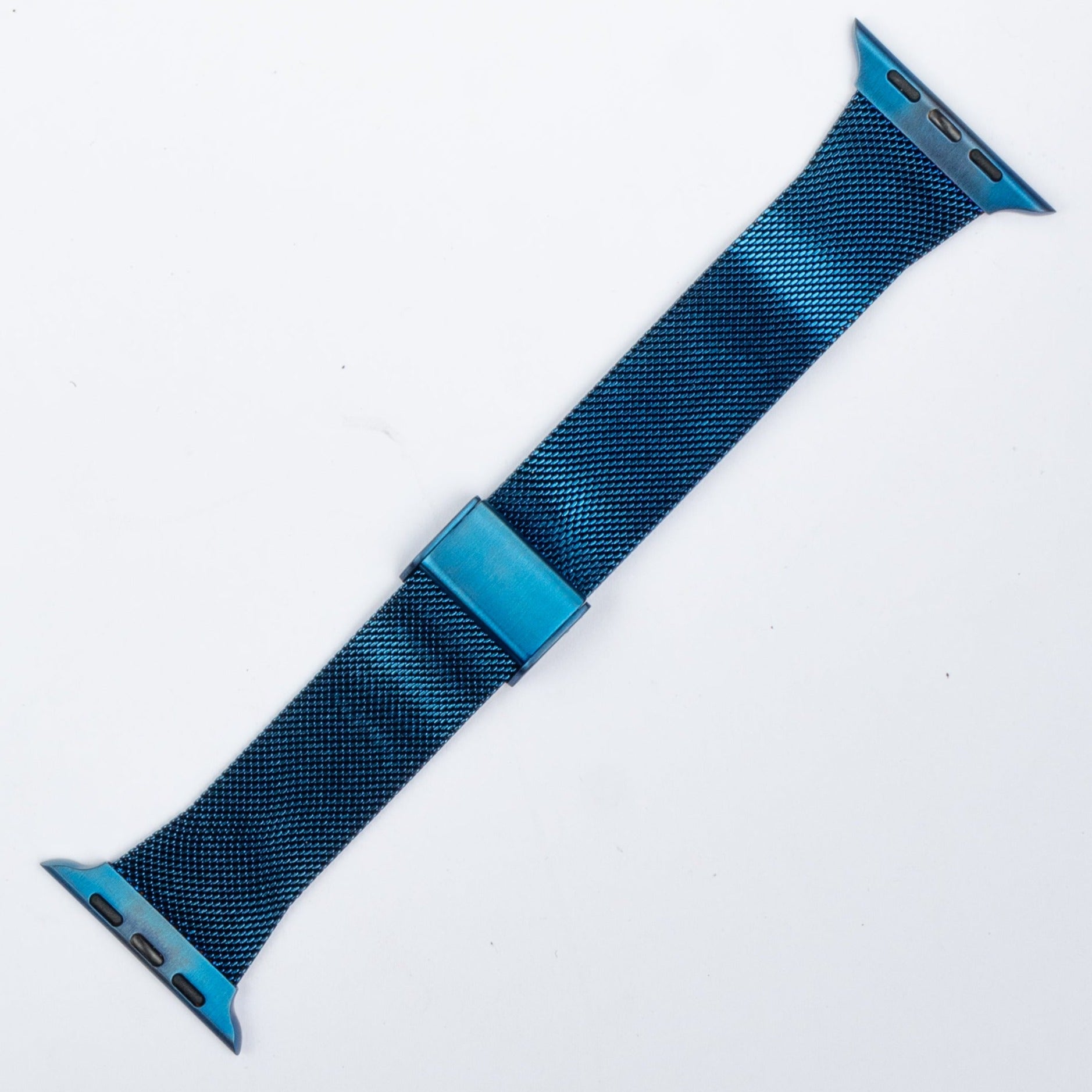 Blue milanese mesh smartwatch band with magnetic clasp and connector lugs