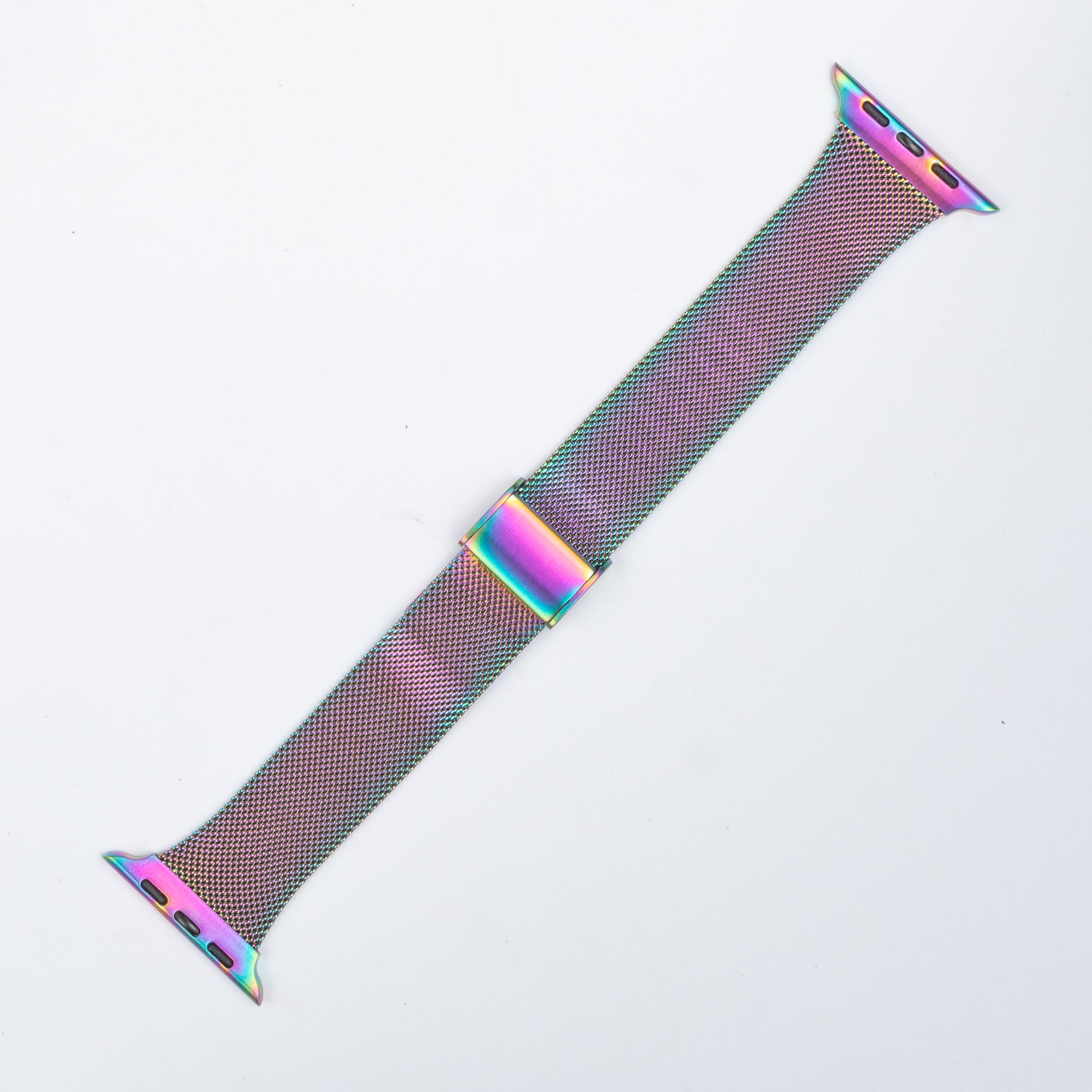 Rainbow iridescent Milanese loop smartwatch band with magnetic clasp and chameleon color-shifting design