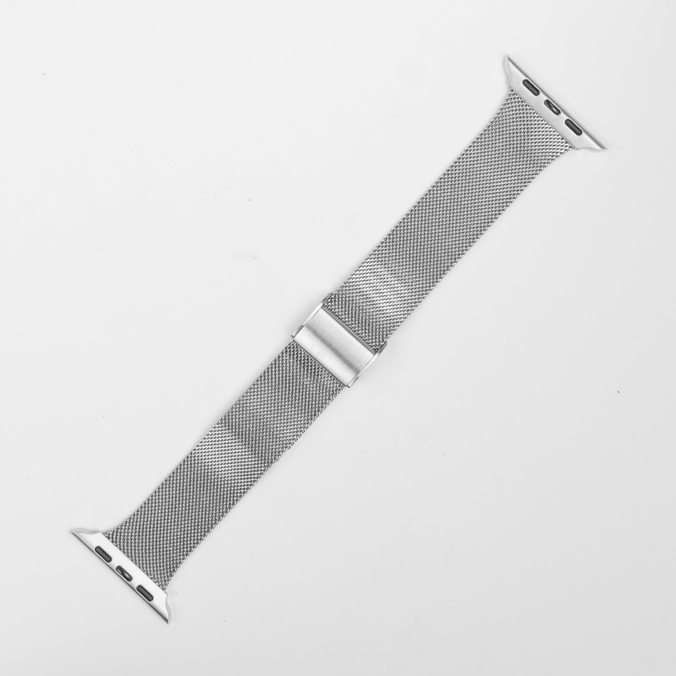Silver stainless steel Milanese loop watch band with magnetic clasp and connector lugs