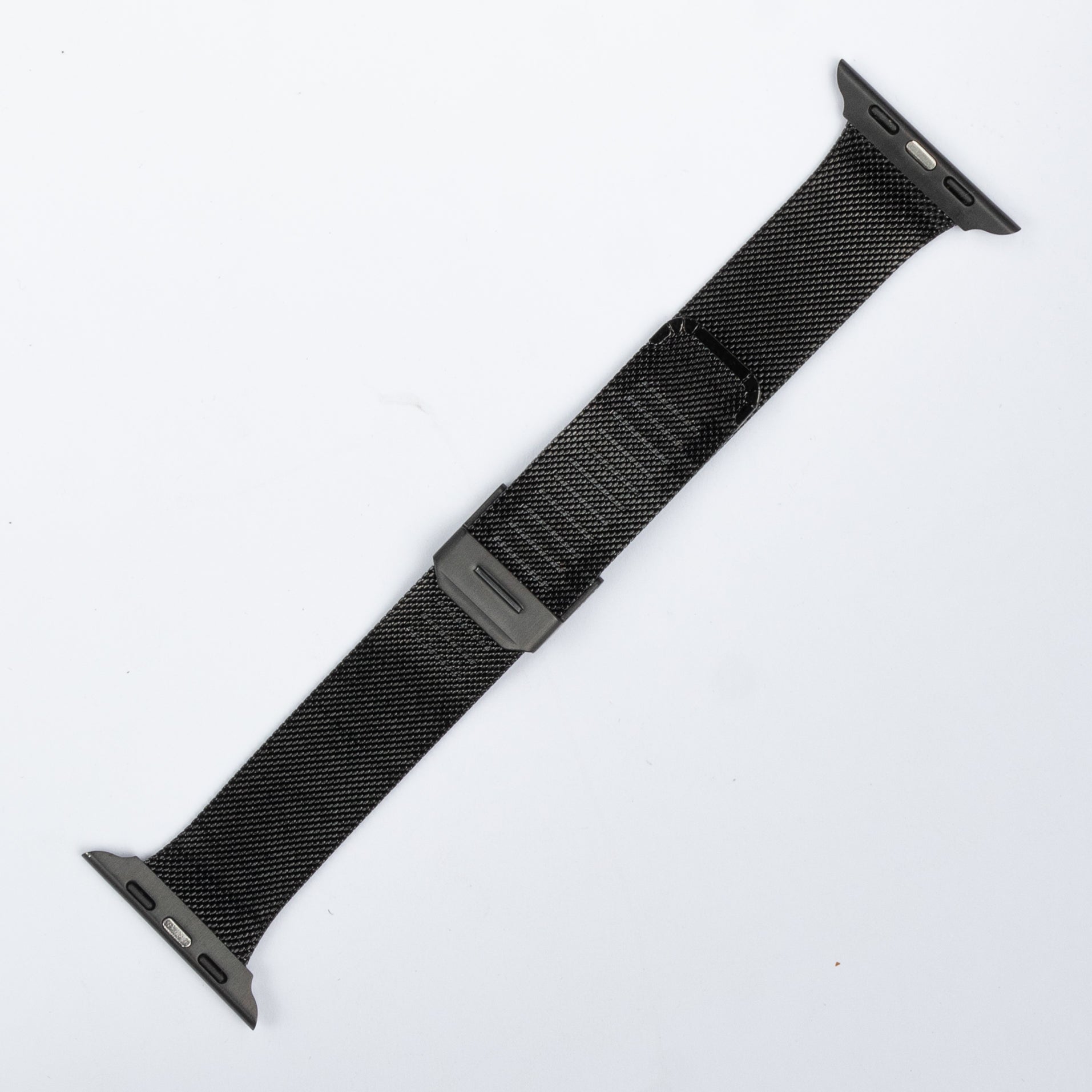 Black stainless steel mesh Apple Watch band with magnetic clasp and connector adapters