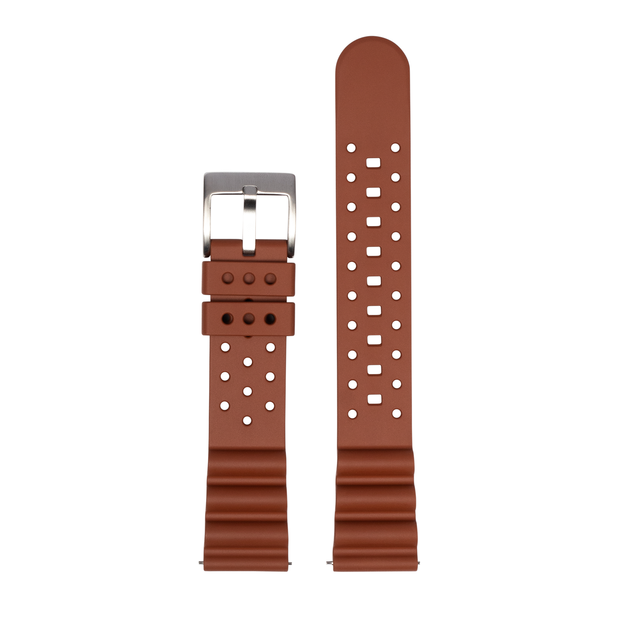 Brown perforated FKM rubber quick release watch strap with metal buckle and reinforced dive band construction