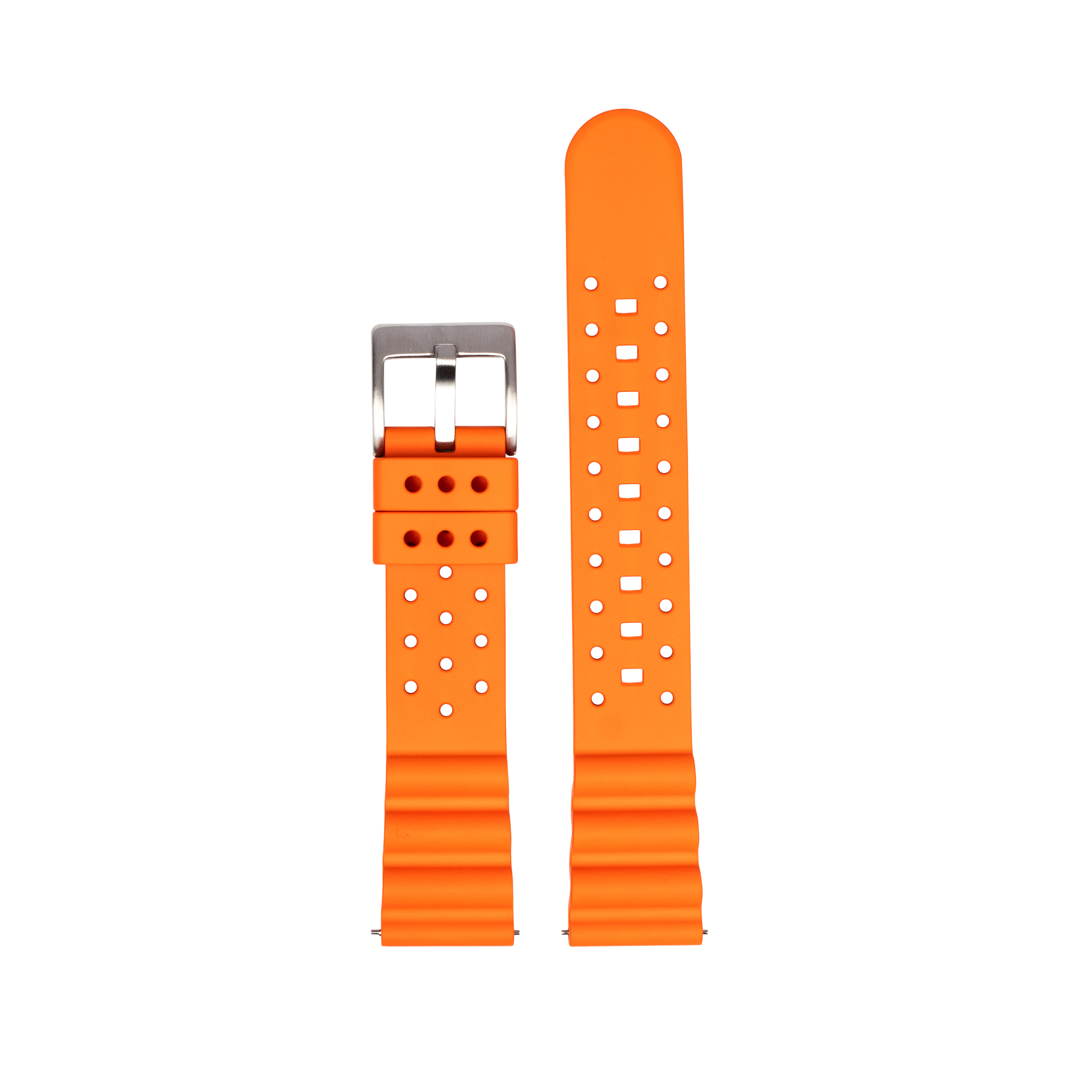 Bright orange quick release dive watch strap with white perforations and stainless steel buckle displayed flat