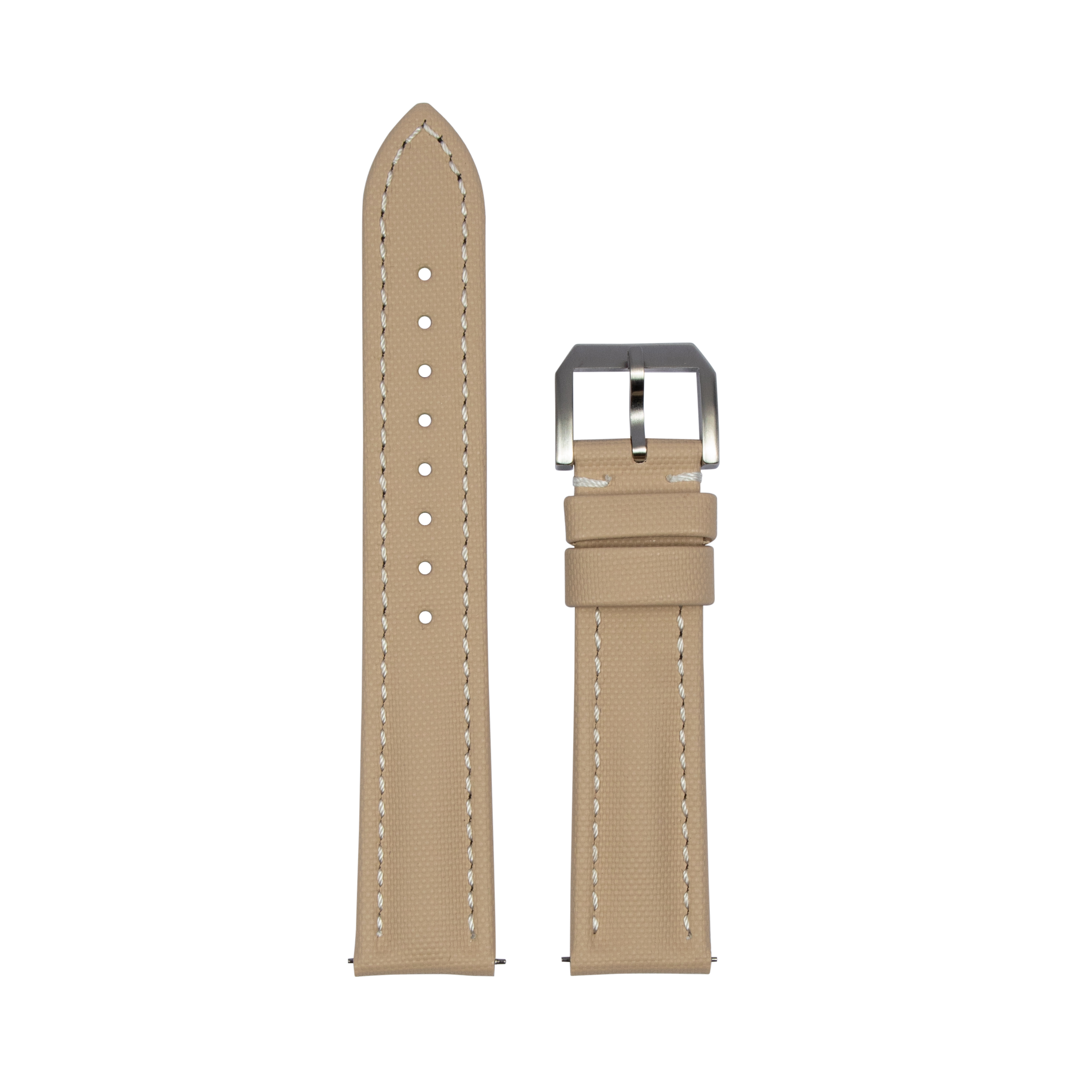Beige sailcloth quick release watch strap with silver buckle and white stitching detail
