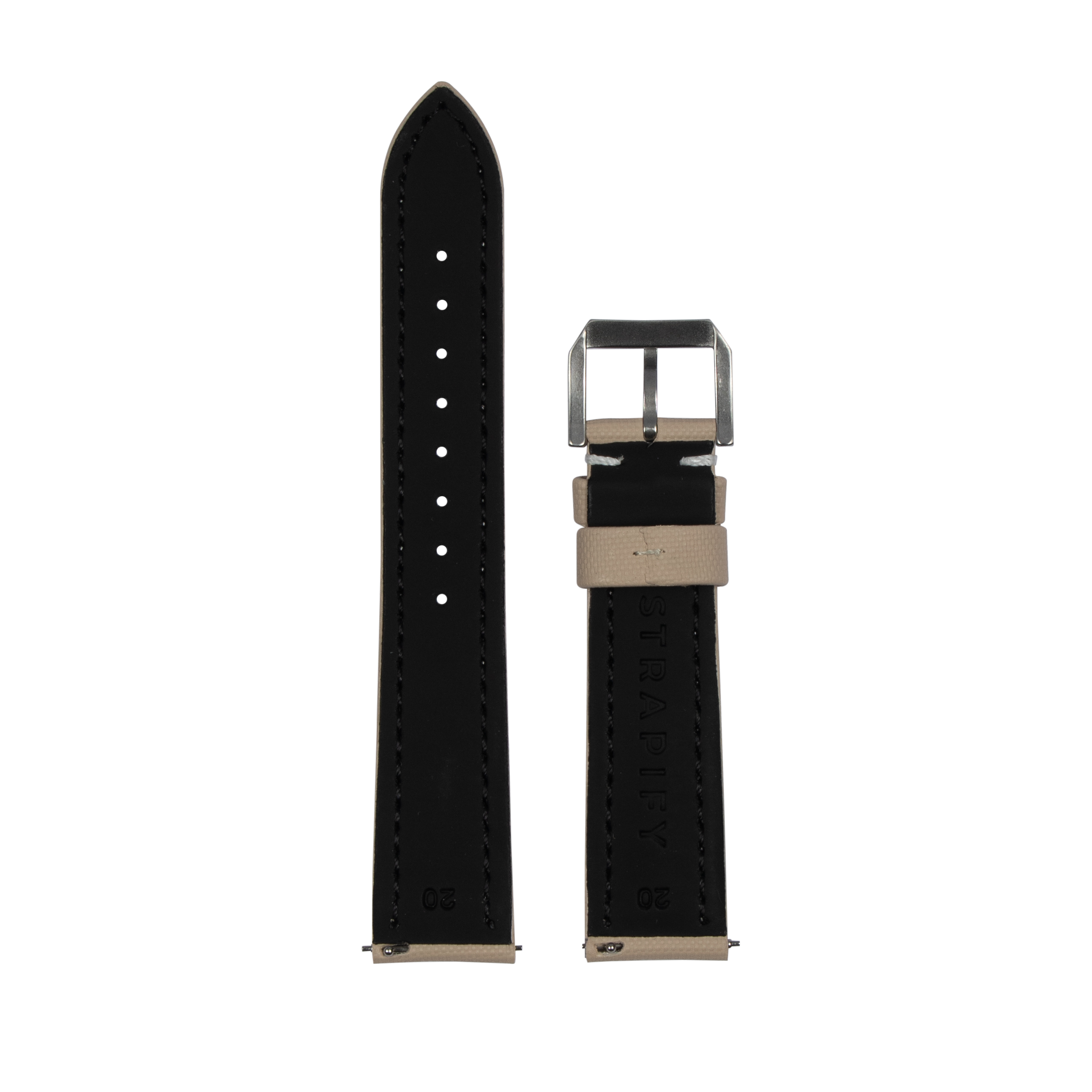 Black sailcloth watch band with beige accent and quick release mechanism, silver buckle