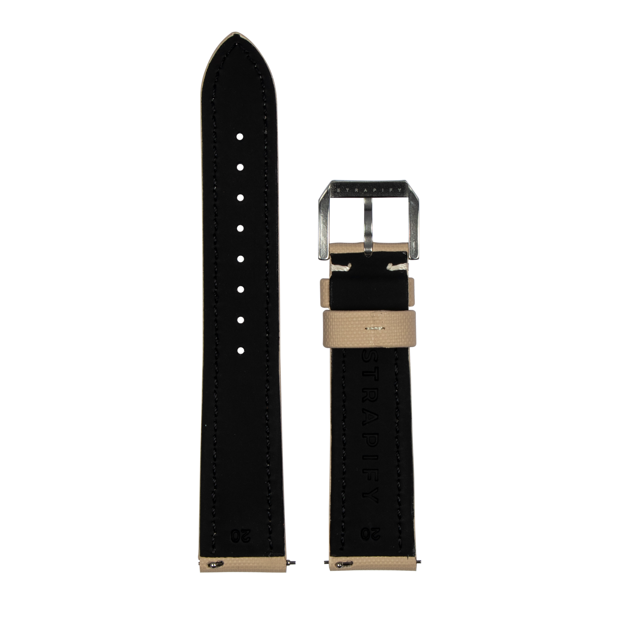 Black leather watch band with beige sailcloth accents and quick release mechanism, shown extended and attached to metal buckle