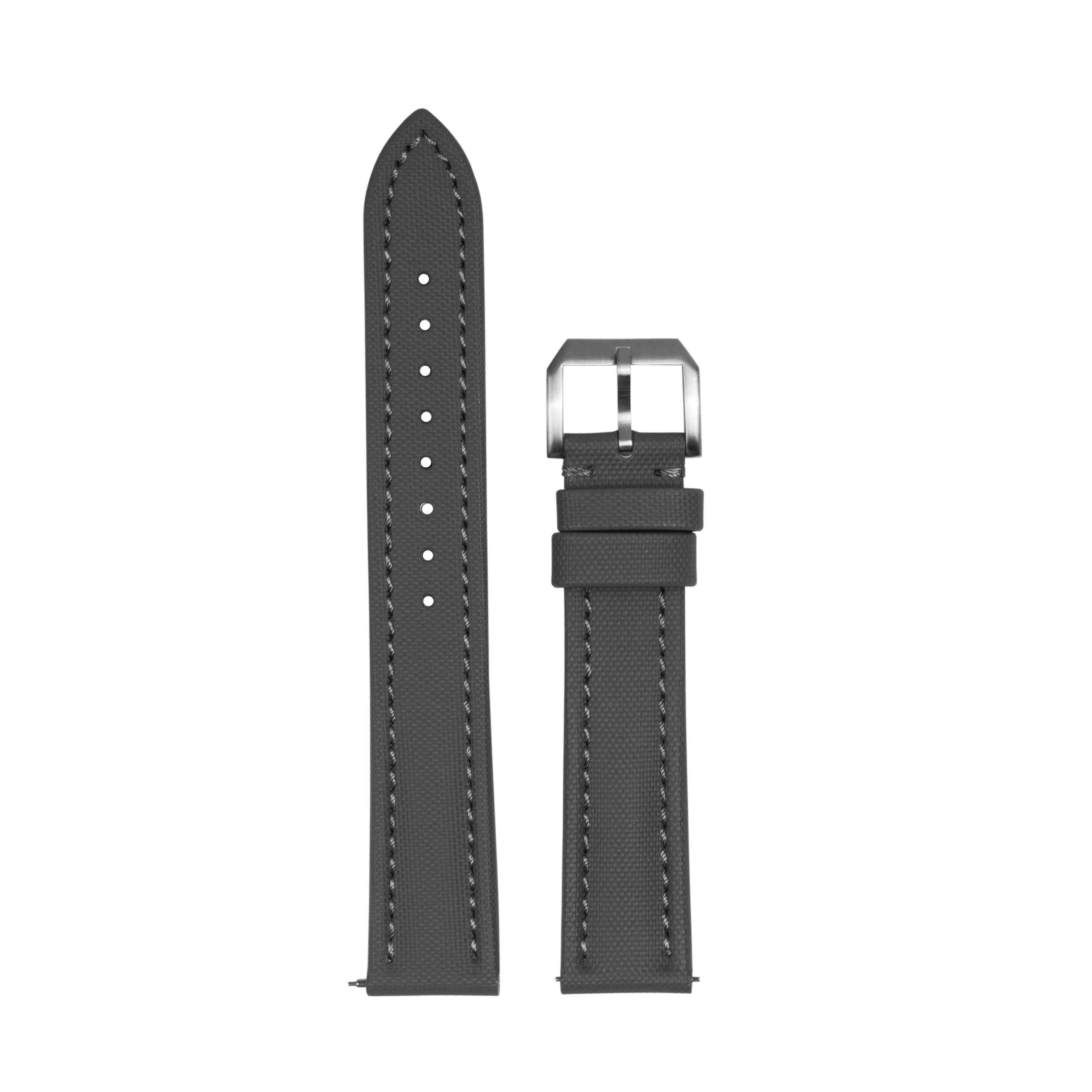 Black sailcloth quick release watch strap with contrasting stitching and stainless steel buckle