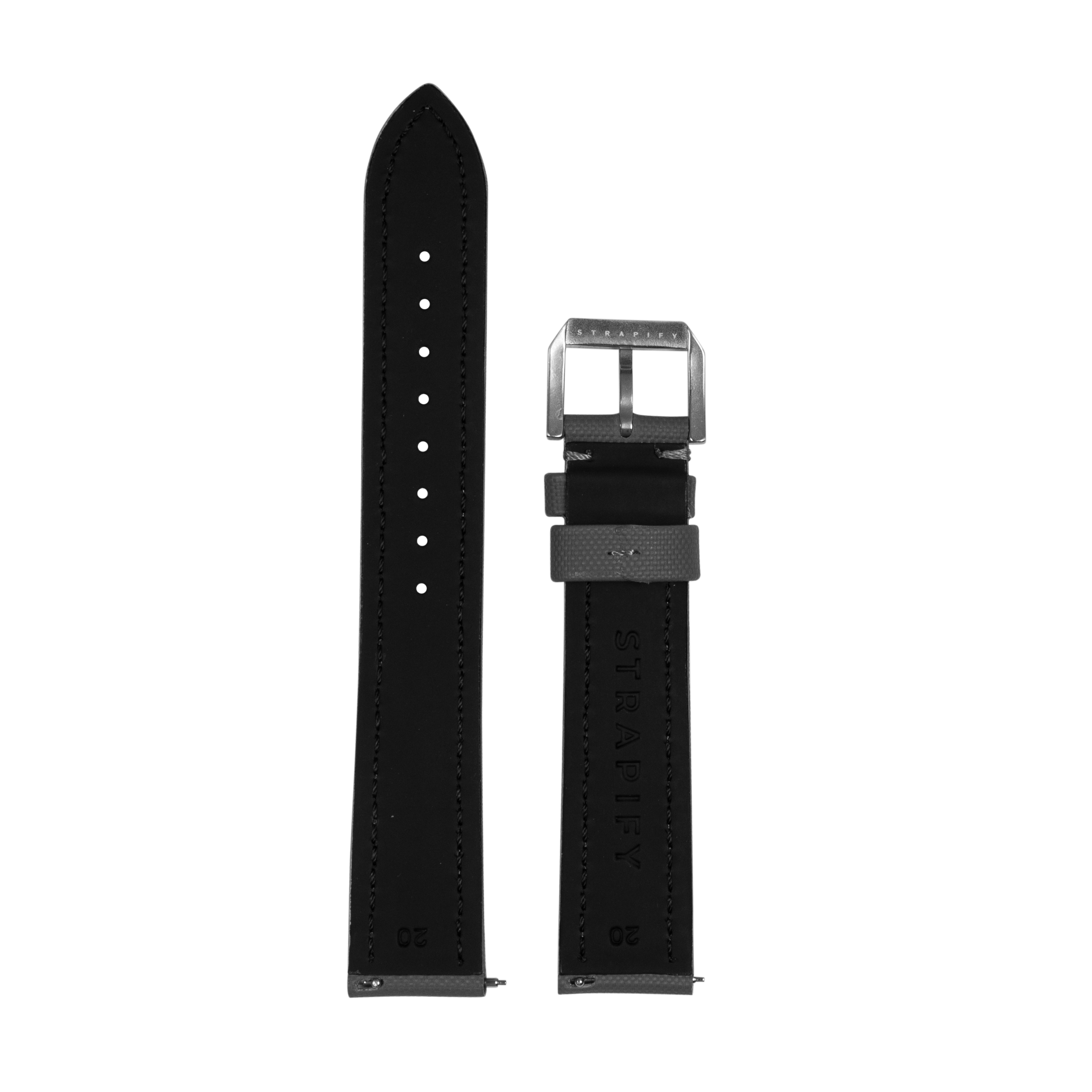 Black leather watch strap with quick release pin, silver buckle, and white stitching detail