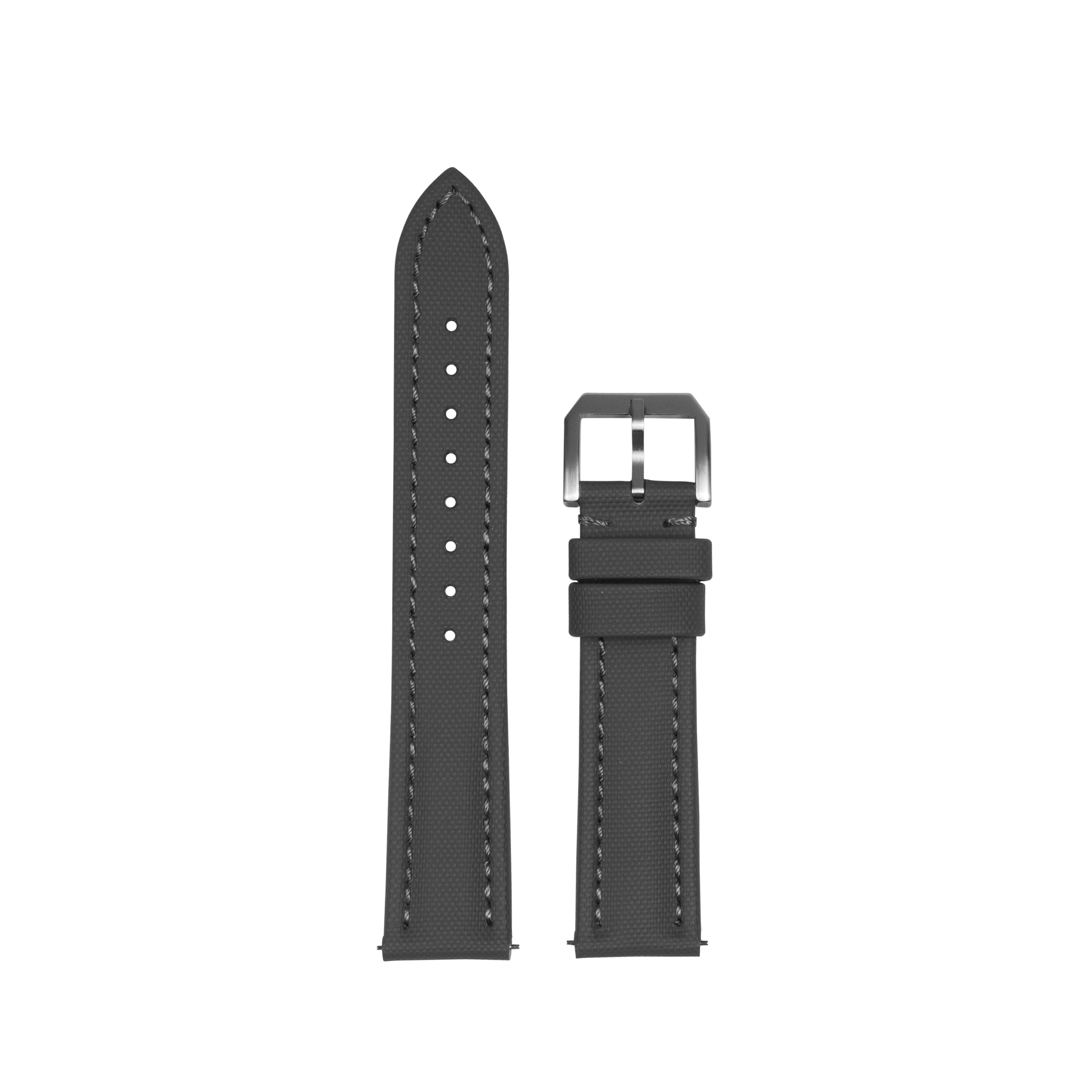 Black canvas quick release watch band with grey stitching and gunmetal buckle, shown assembled and unattached